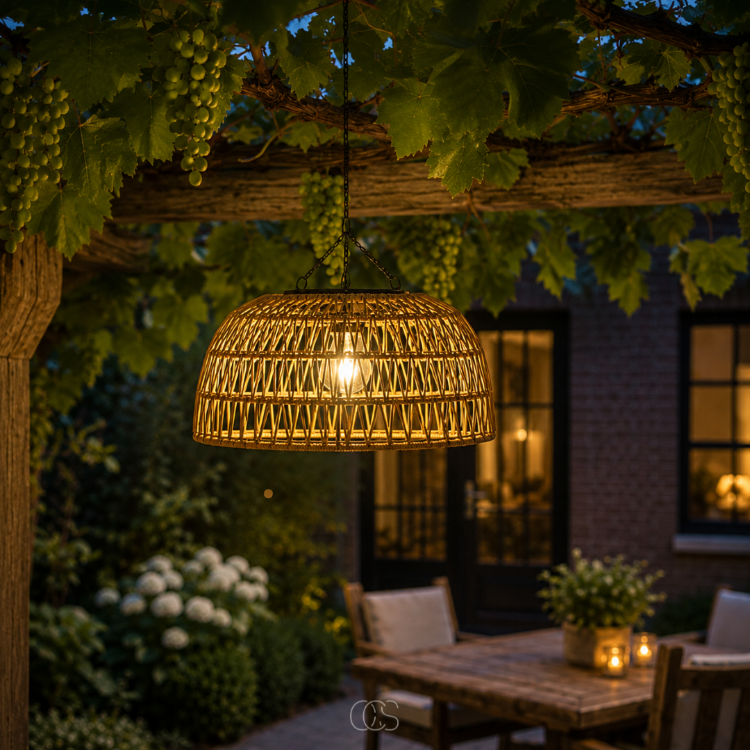 Gevlochten Solar Hanglamp Ø30cm Rotan Look Warm Wit LED Draadloos Tuinverlichting voor Terras Balkon | Sansoti