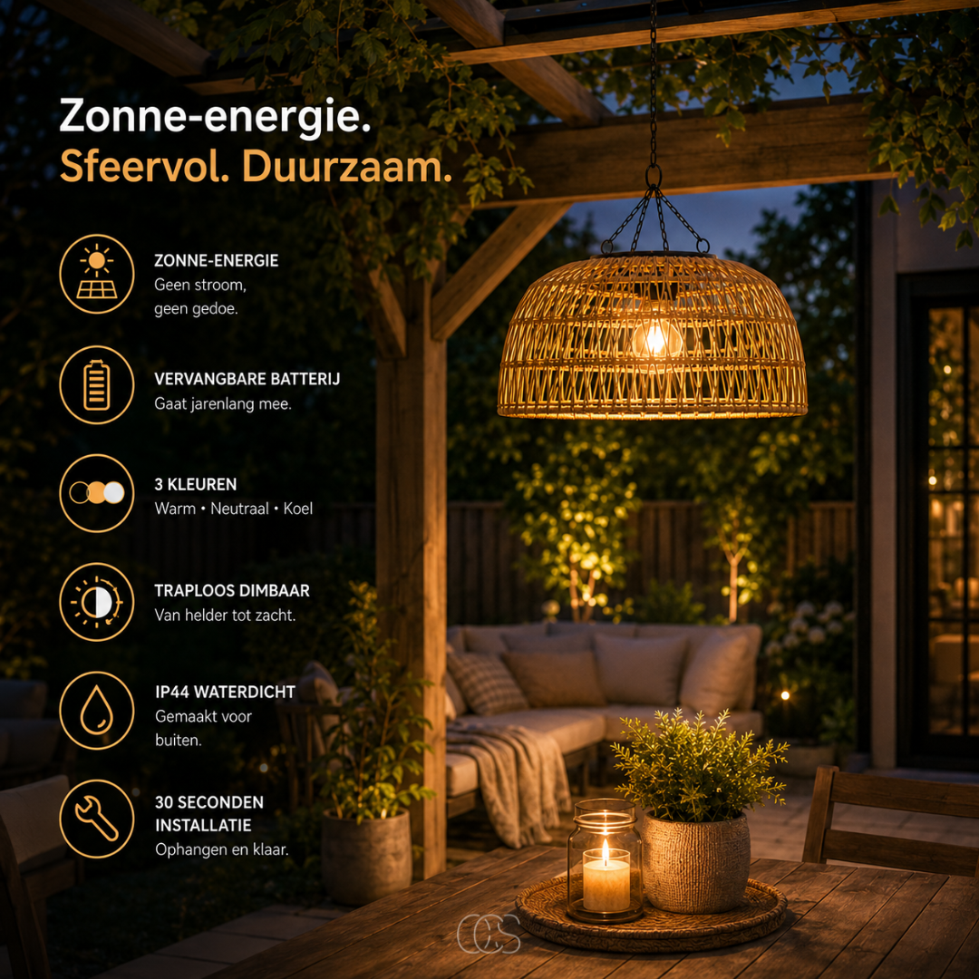 Gevlochten Solar Hanglamp Ø30cm Rotan Look Warm Wit LED Draadloos Tuinverlichting voor Terras Balkon | Sansoti