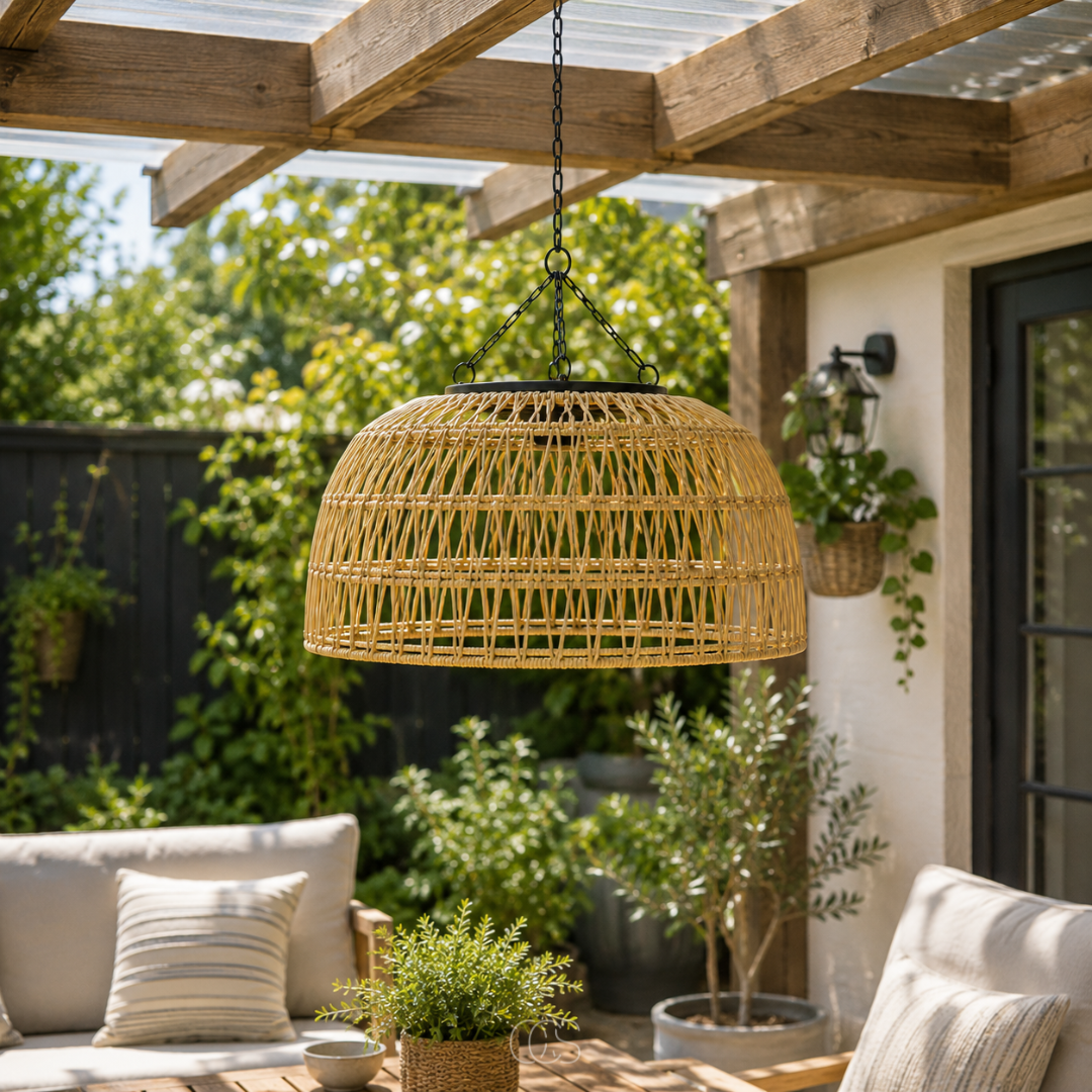 Gevlochten Solar Hanglamp Ø30cm Rotan Look Warm Wit LED Draadloos Tuinverlichting voor Terras Balkon | Sansoti