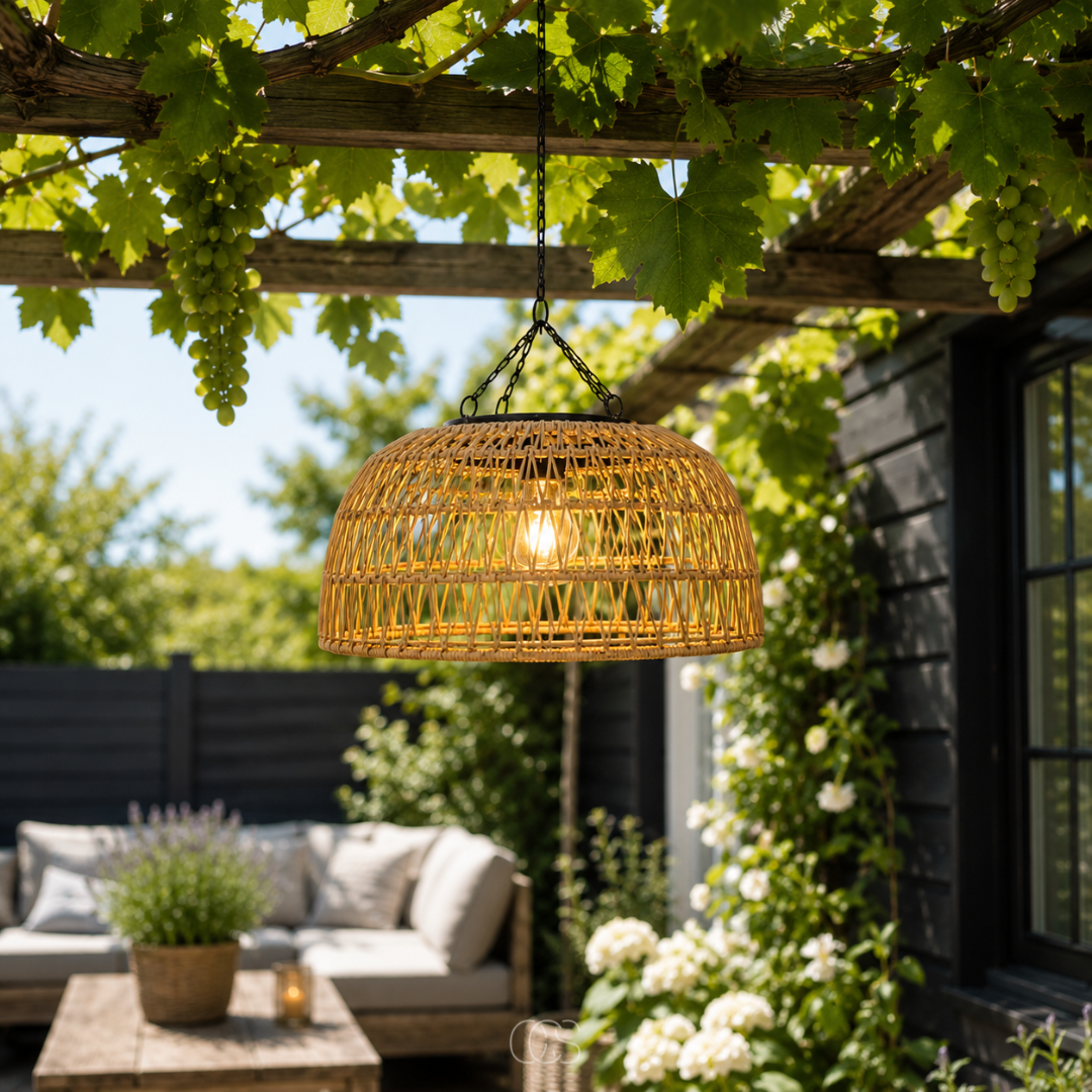 Gevlochten Solar Hanglamp Ø30cm Rotan Look Warm Wit LED Draadloos Tuinverlichting voor Terras Balkon | Sansoti