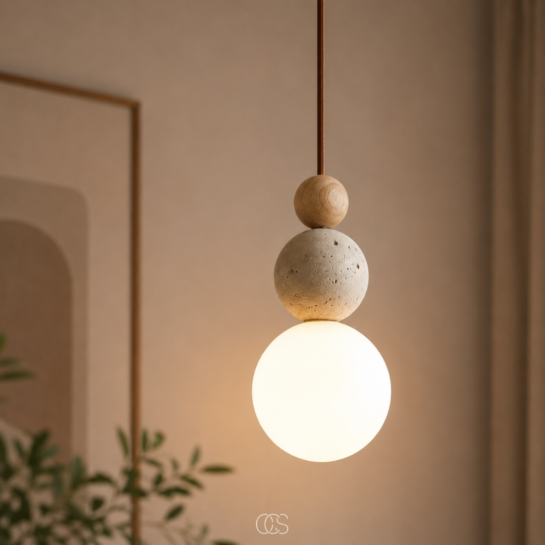 Hanglamp Glazen Bol Travertijn Look Minimalistisch Design Eettafel Sfeerlicht Pendellamp Modern Interieur Woonkamer | Sansoti