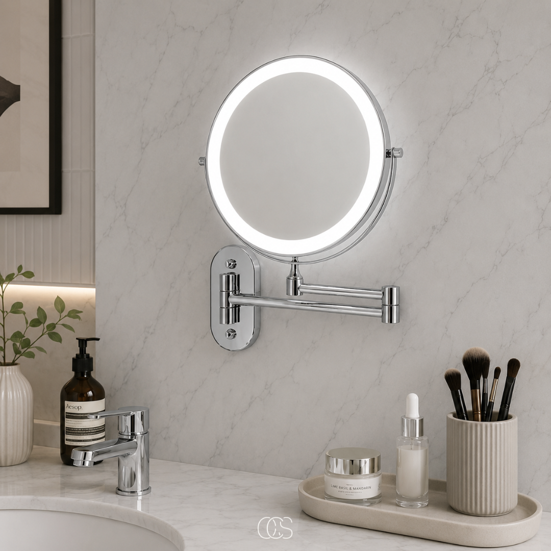 Oplaadbare LED Wandspiegel met Vergrotend Effect 3 Lichtstanden Draadloos 360° Draaibaar Badkamer Make-up 20cm | Sansoti