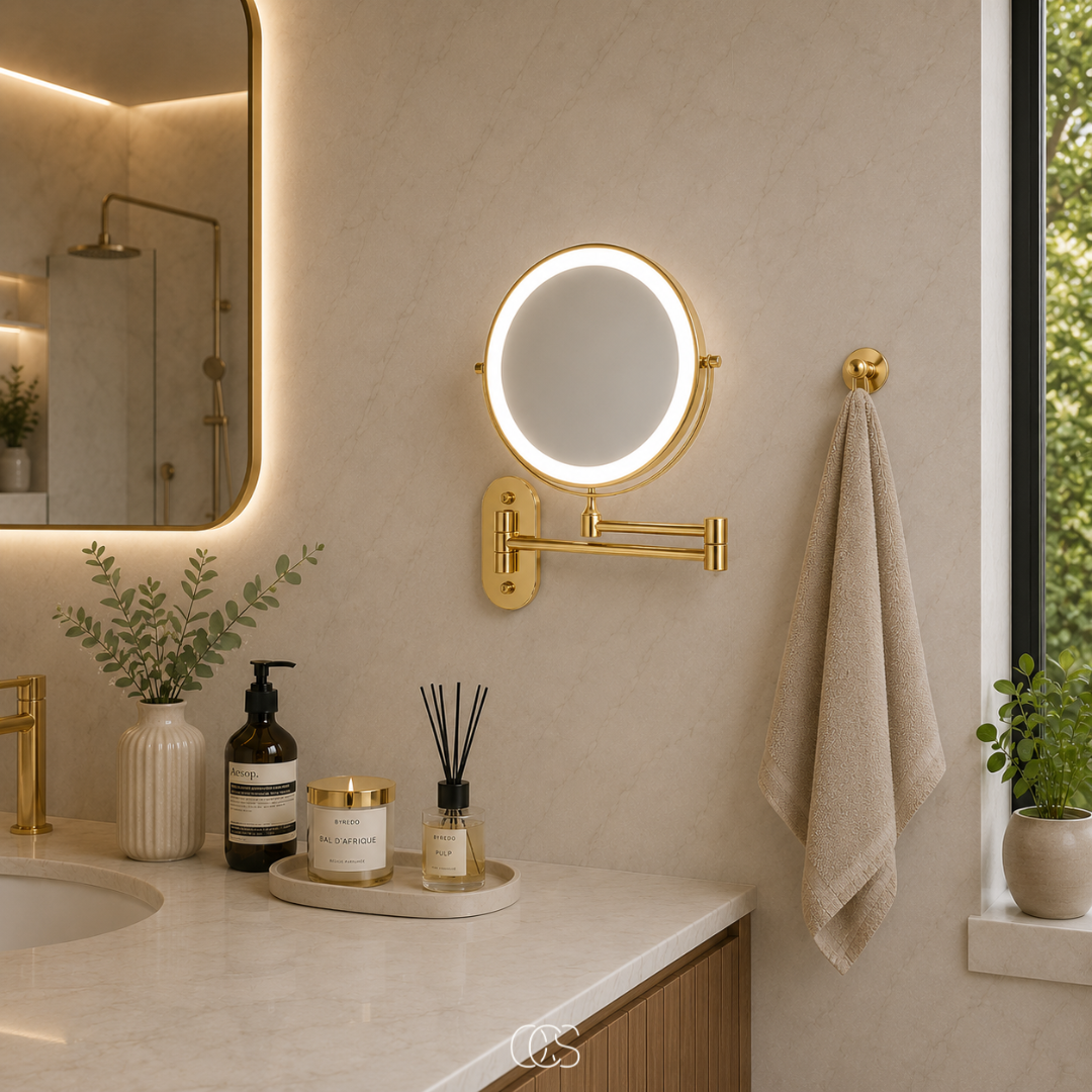 Oplaadbare LED Wandspiegel met Vergrotend Effect 3 Lichtstanden Draadloos 360° Draaibaar Badkamer Make-up 20cm | Sansoti