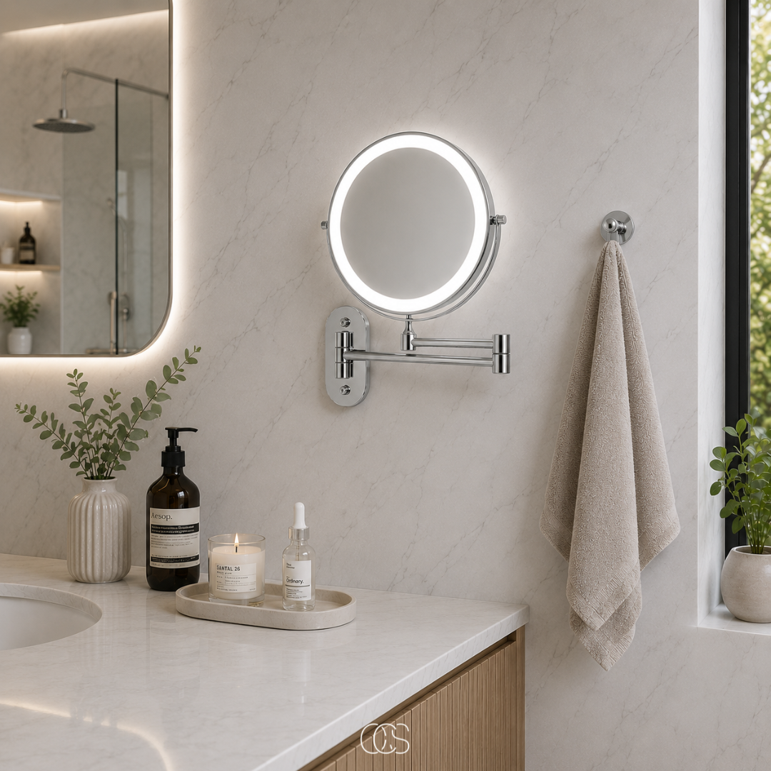 Oplaadbare LED Wandspiegel met Vergrotend Effect 3 Lichtstanden Draadloos 360° Draaibaar Badkamer Make-up 20cm | Sansoti