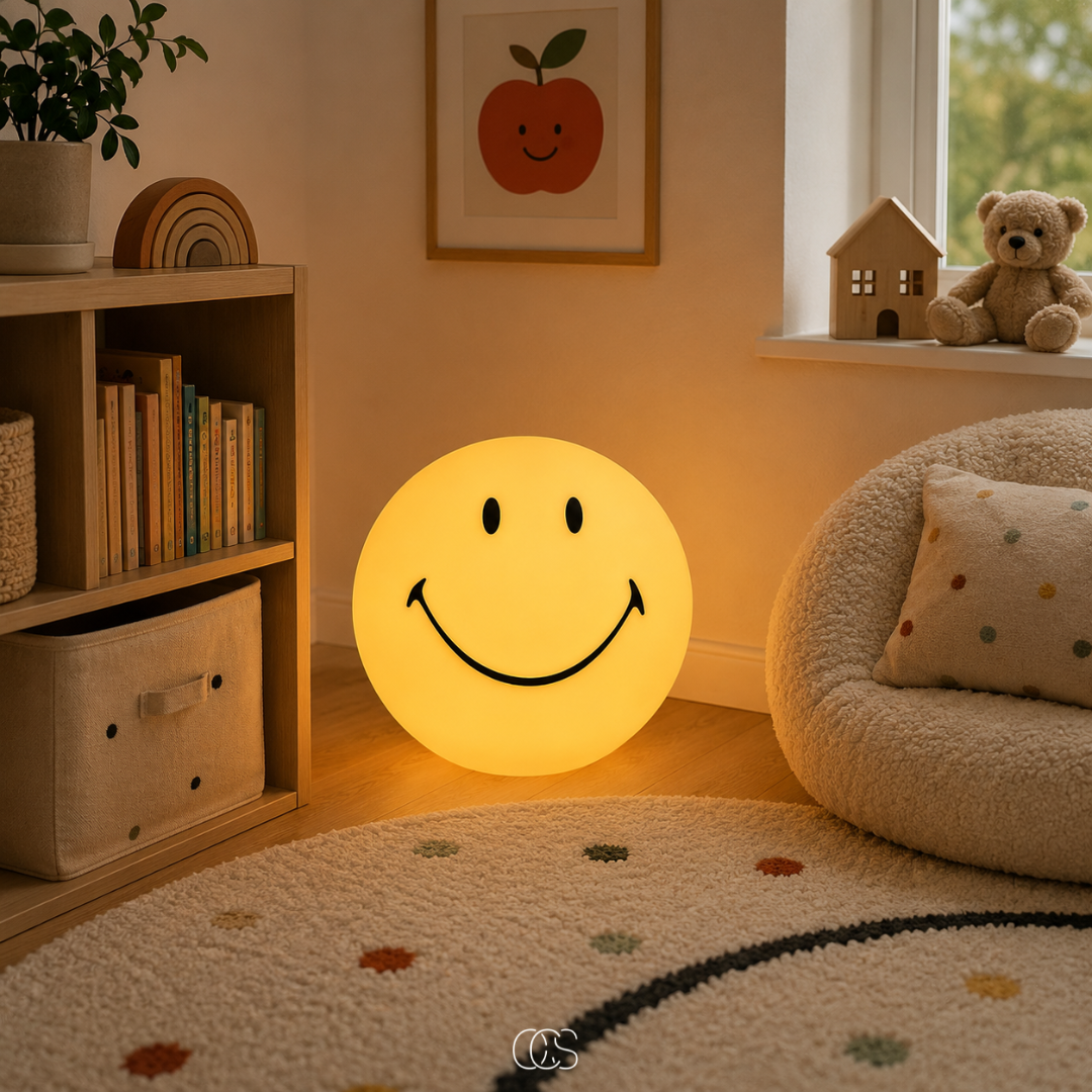 Smiley LED Tafellamp Geel 24cm Dimbaar Warm Wit Licht Nachtlampje Kinderkamer Slaapkamer Sfeerverlichting | Sansoti
