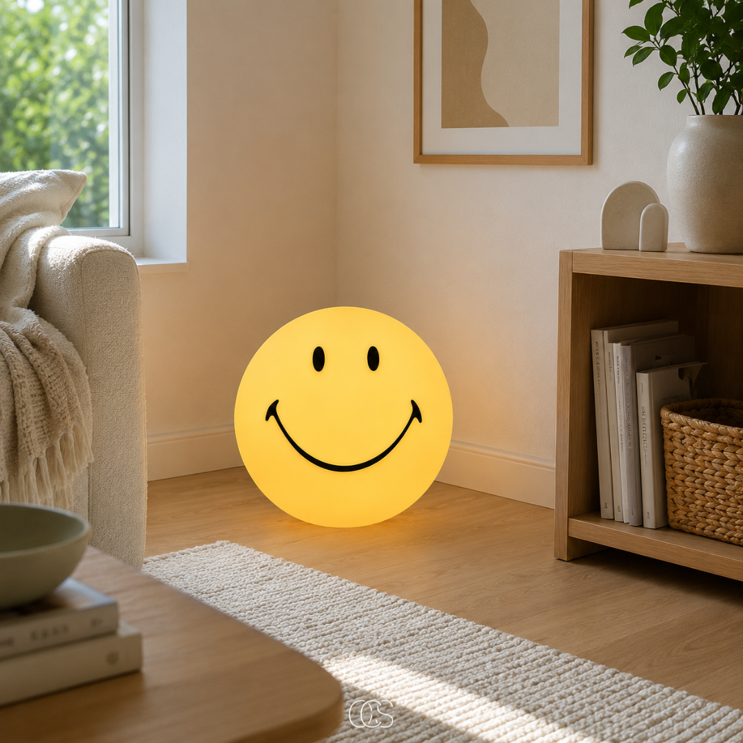 Smiley LED Tafellamp Geel 24cm Dimbaar Warm Wit Licht Nachtlampje Kinderkamer Slaapkamer Sfeerverlichting | Sansoti
