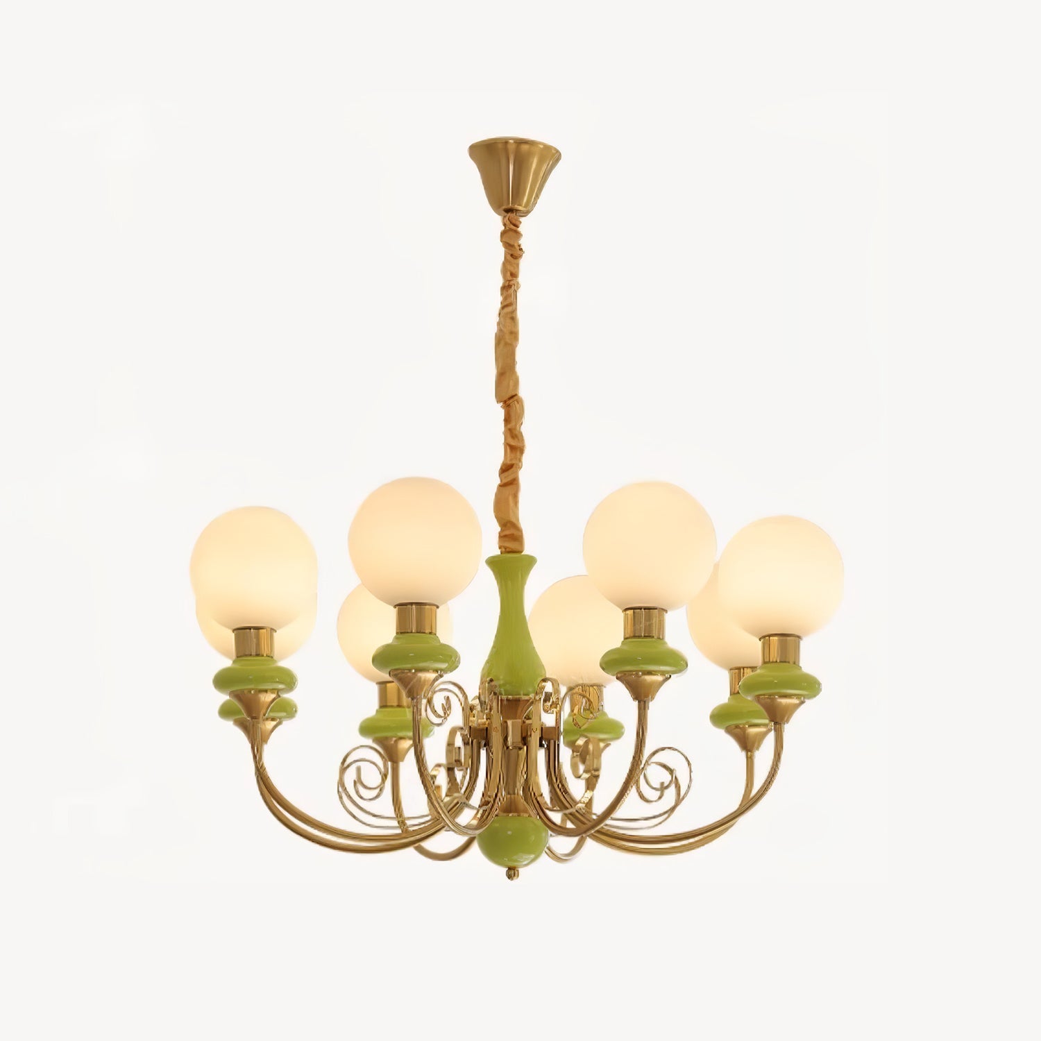Kroonluchter met Groene Glazen Kappen en Gouden of Zwarte Afwerking – Luxe Hanglamp in 3, 5 of 8 Lichtpunten | Sansoti
