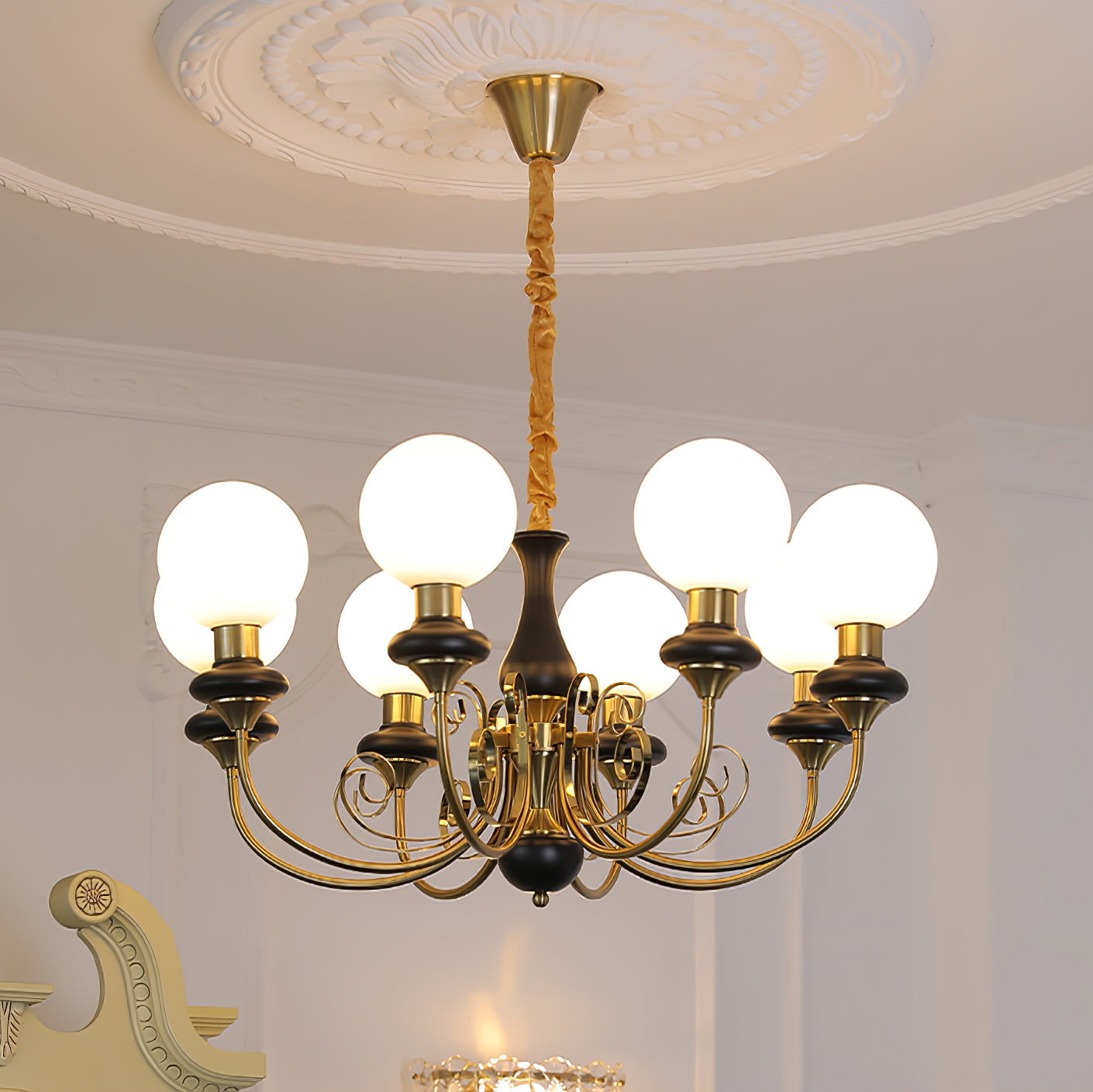 Kroonluchter met Groene Glazen Kappen en Gouden of Zwarte Afwerking – Luxe Hanglamp in 3, 5 of 8 Lichtpunten | Sansoti