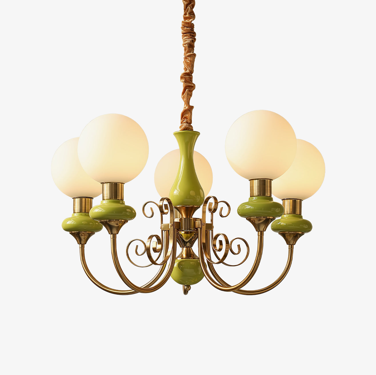 Kroonluchter met Groene Glazen Kappen en Gouden of Zwarte Afwerking – Luxe Hanglamp in 3, 5 of 8 Lichtpunten | Sansoti