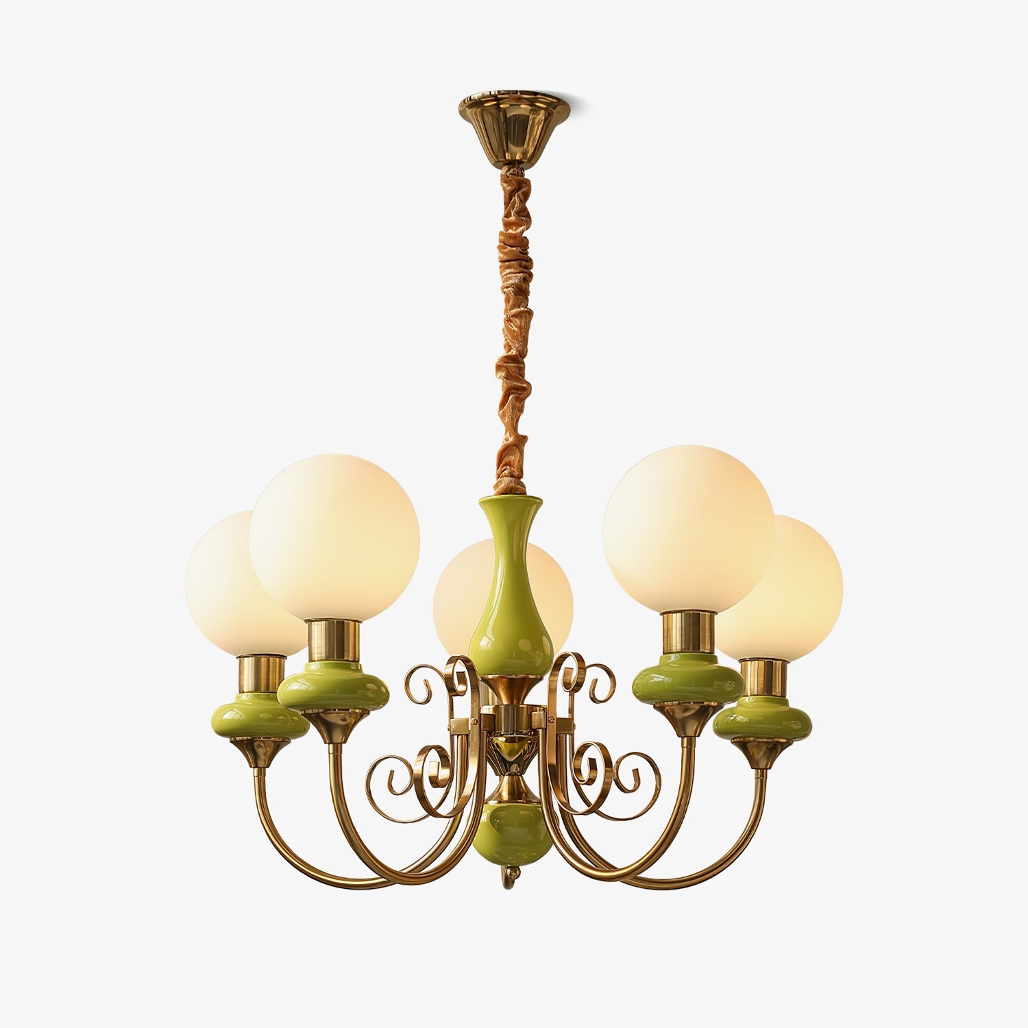 Kroonluchter met Groene Glazen Kappen en Gouden of Zwarte Afwerking – Luxe Hanglamp in 3, 5 of 8 Lichtpunten | Sansoti