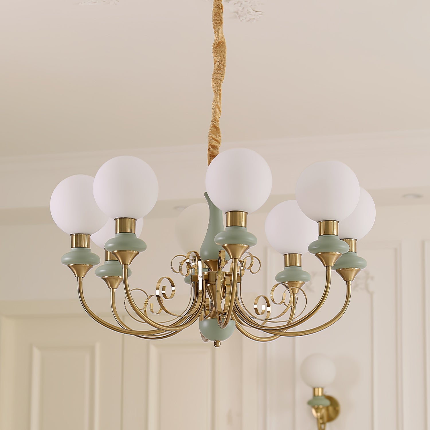Kroonluchter met Groene Glazen Kappen en Gouden of Zwarte Afwerking – Luxe Hanglamp in 3, 5 of 8 Lichtpunten | Sansoti
