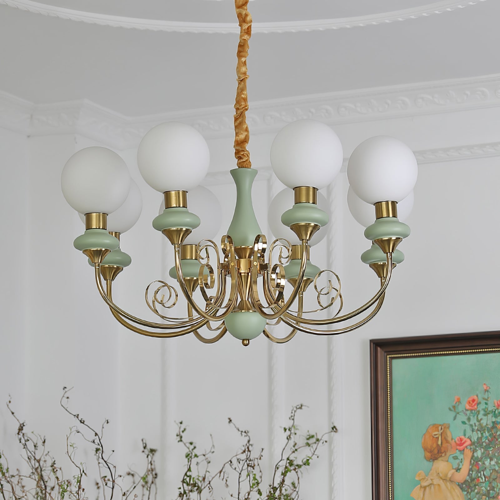 Kroonluchter met Groene Glazen Kappen en Gouden of Zwarte Afwerking – Luxe Hanglamp in 3, 5 of 8 Lichtpunten | Sansoti