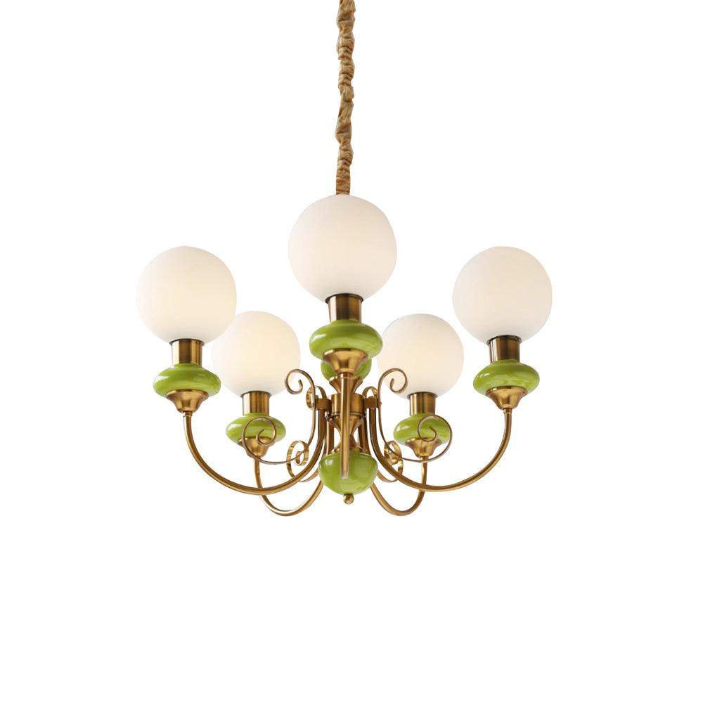 Kroonluchter met Groene Glazen Kappen en Gouden of Zwarte Afwerking – Luxe Hanglamp in 3, 5 of 8 Lichtpunten | Sansoti