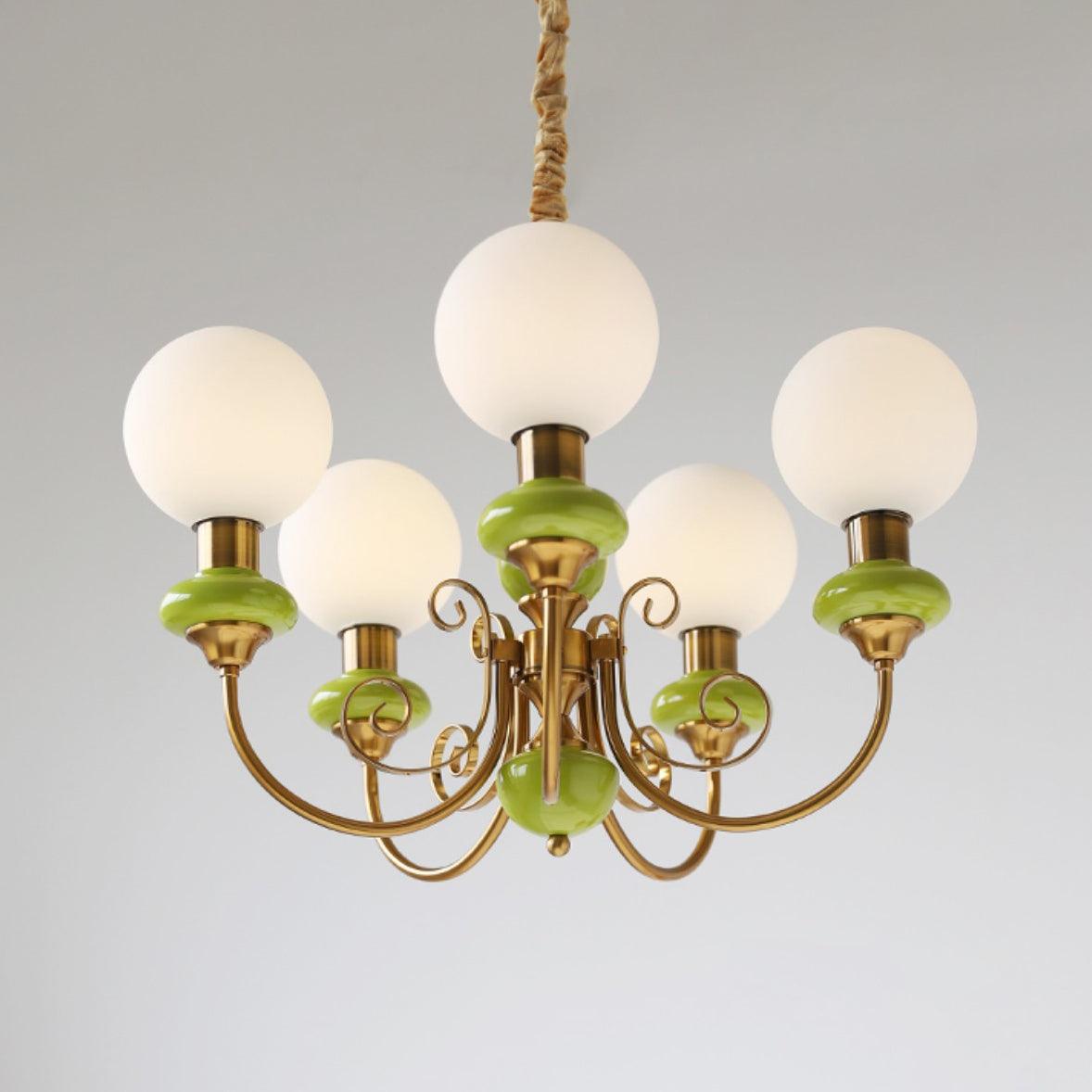 Kroonluchter met Groene Glazen Kappen en Gouden of Zwarte Afwerking – Luxe Hanglamp in 3, 5 of 8 Lichtpunten | Sansoti