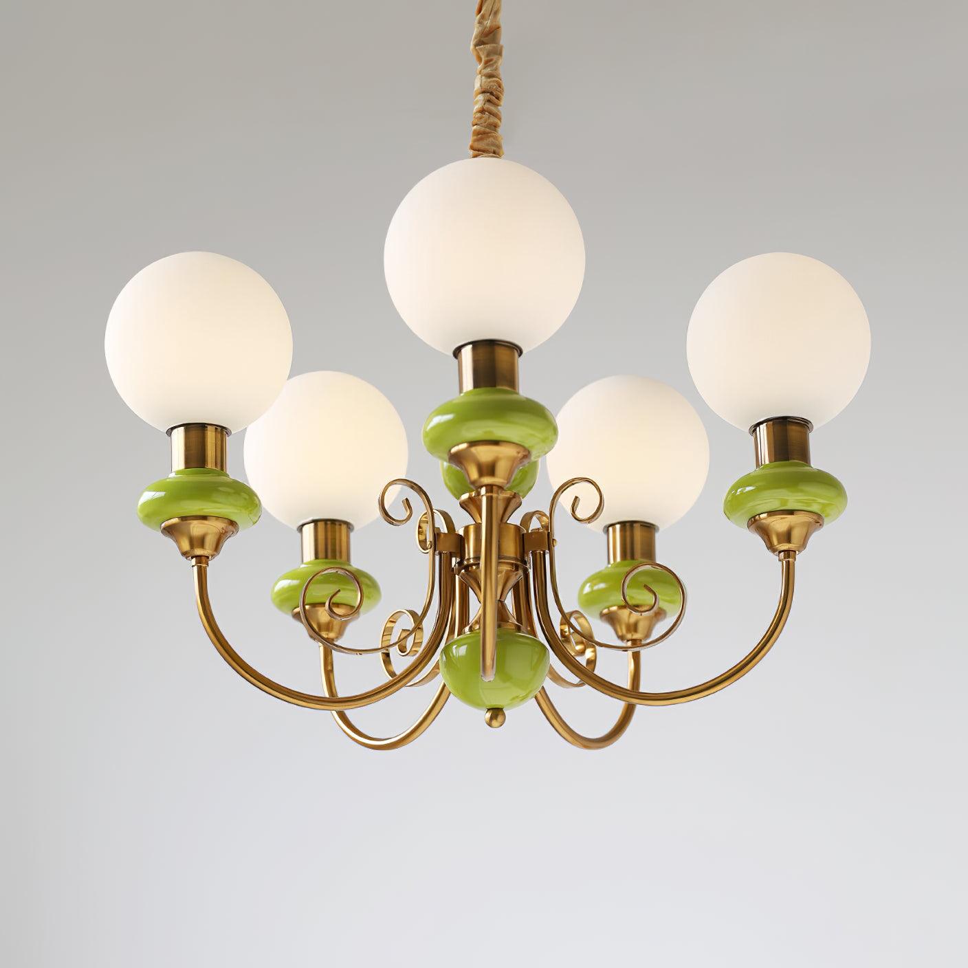 Kroonluchter met Groene Glazen Kappen en Gouden of Zwarte Afwerking – Luxe Hanglamp in 3, 5 of 8 Lichtpunten | Sansoti
