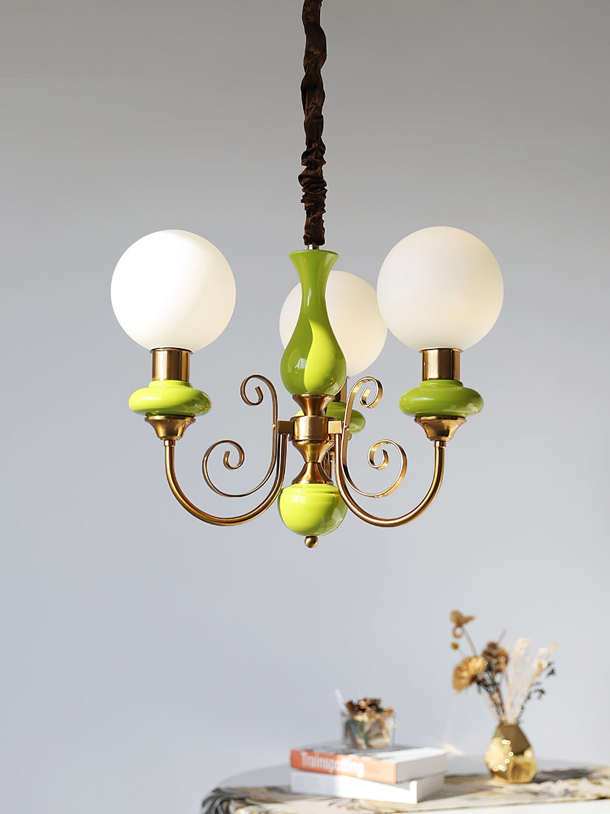 Lustre en verre à structure en fer vert, doré et blanc, 3-5-8 lampes, suspension pour salle à manger et salon | Sansoti