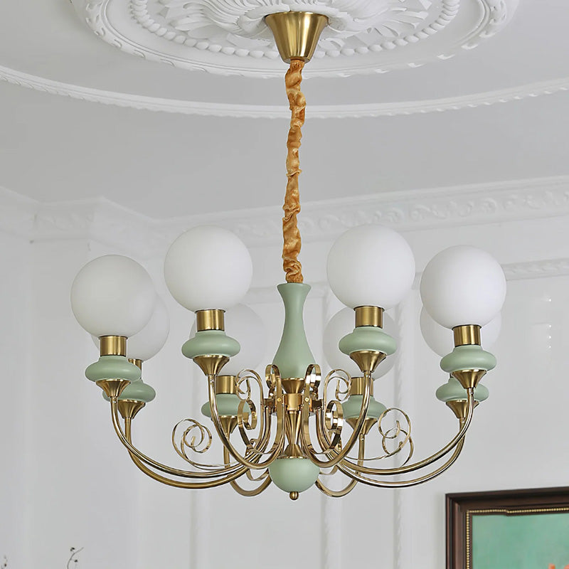Lustre en verre à structure en fer vert, doré et blanc, 3-5-8 lampes, suspension pour salle à manger et salon | Sansoti