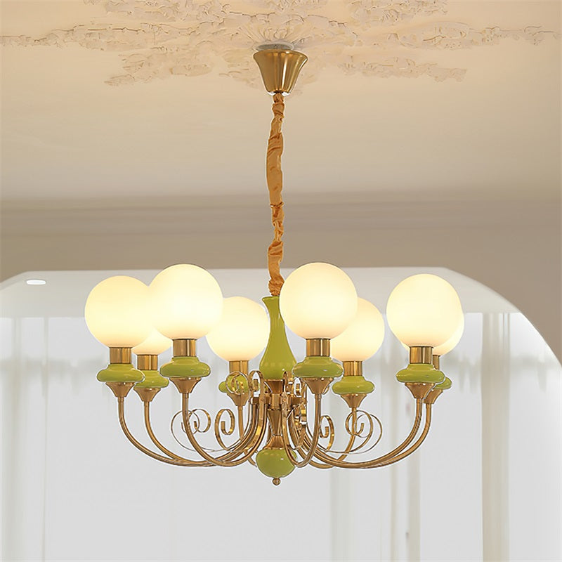 Lustre en verre à structure en fer vert, doré et blanc, 3-5-8 lampes, suspension pour salle à manger et salon | Sansoti