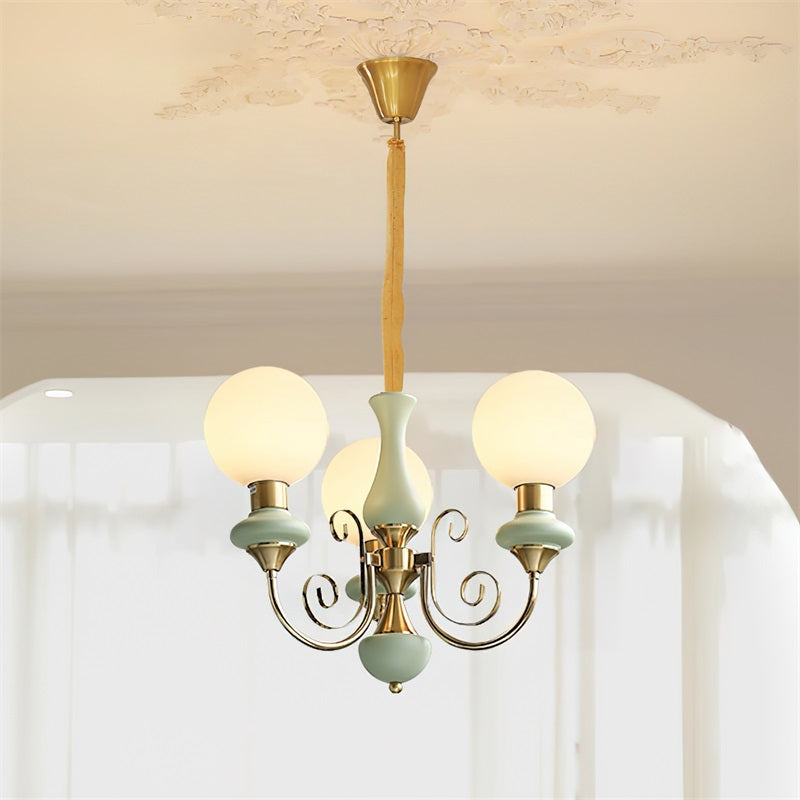 Lustre en verre à structure en fer vert, doré et blanc, 3-5-8 lampes, suspension pour salle à manger et salon | Sansoti