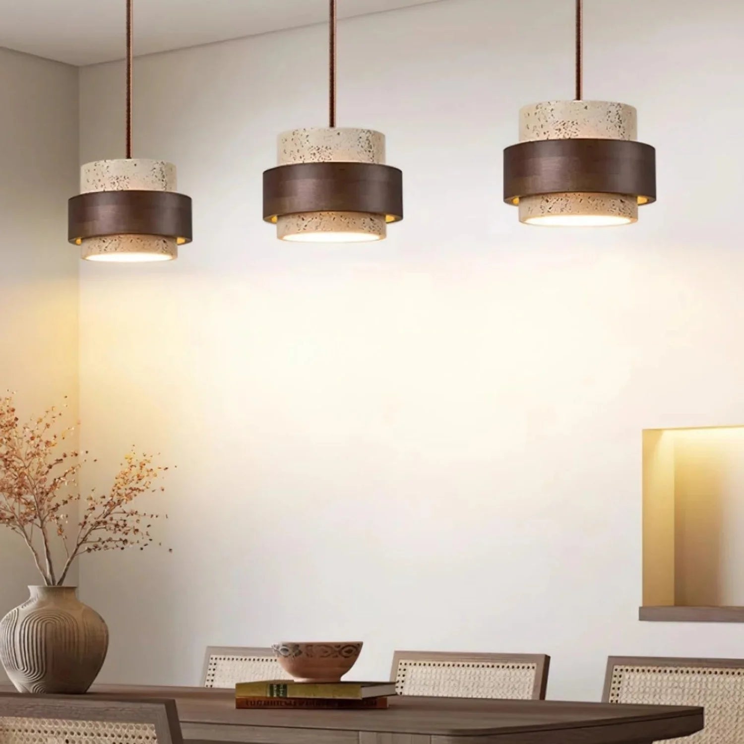Travertijn Hanglamp Japandi Design | Minimalistische Hanglamp van Natuursteen & Hout - Sansoti