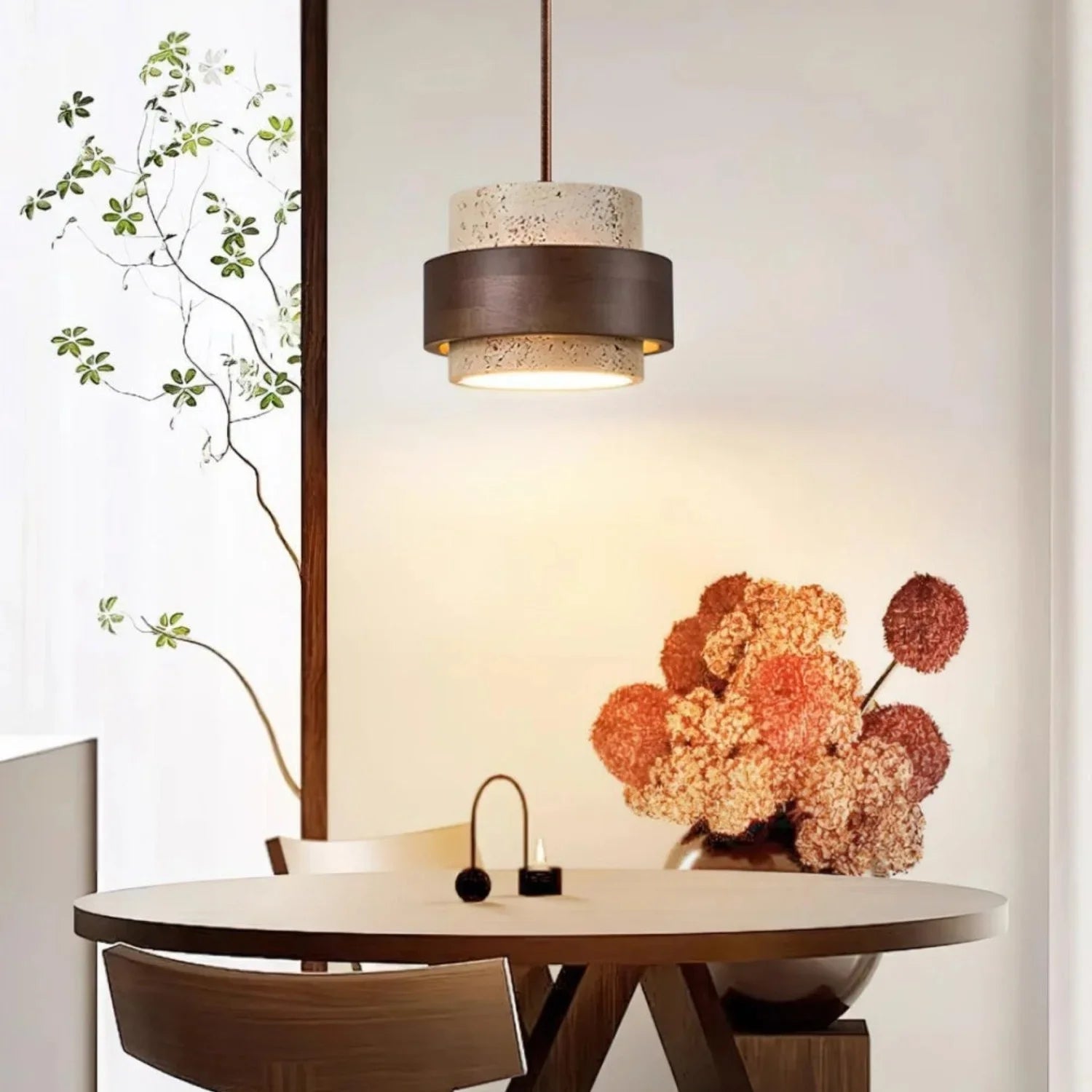 Travertijn Hanglamp Japandi Design | Minimalistische Hanglamp van Natuursteen & Hout - Sansoti