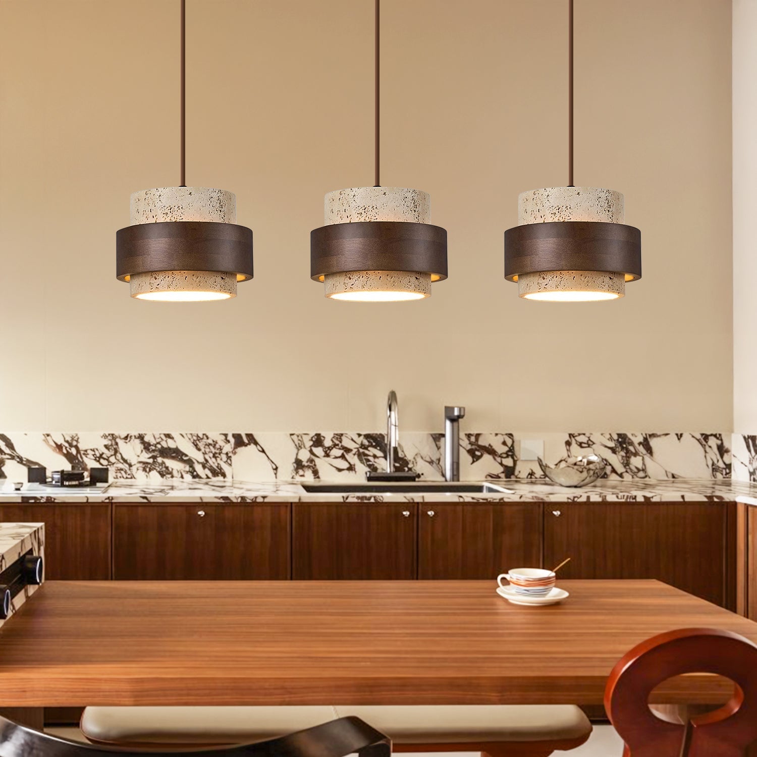 Travertijn Hanglamp Japandi Design | Minimalistische Hanglamp van Natuursteen & Hout - Sansoti