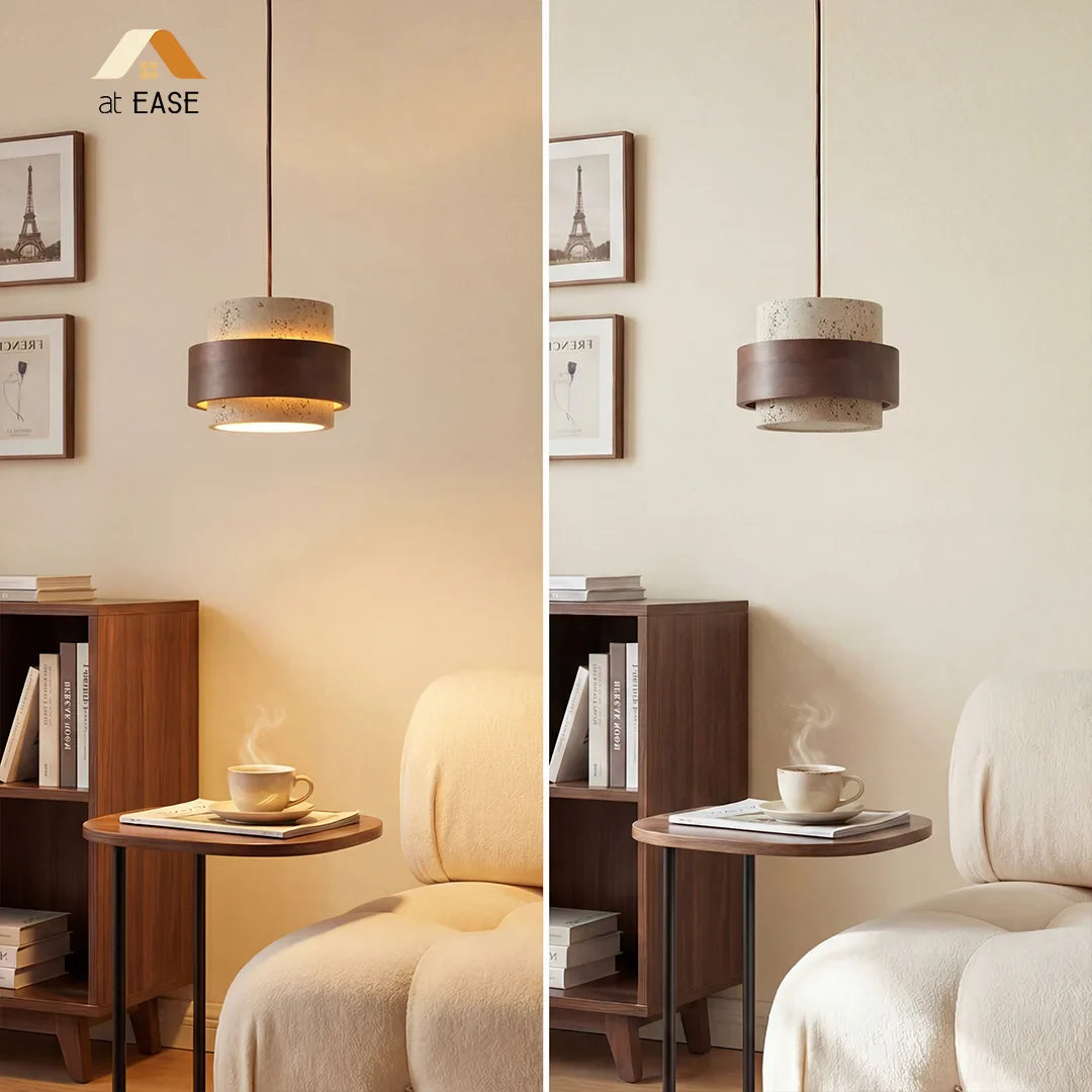 Travertijn Hanglamp Japandi Design | Minimalistische Hanglamp van Natuursteen & Hout - Sansoti