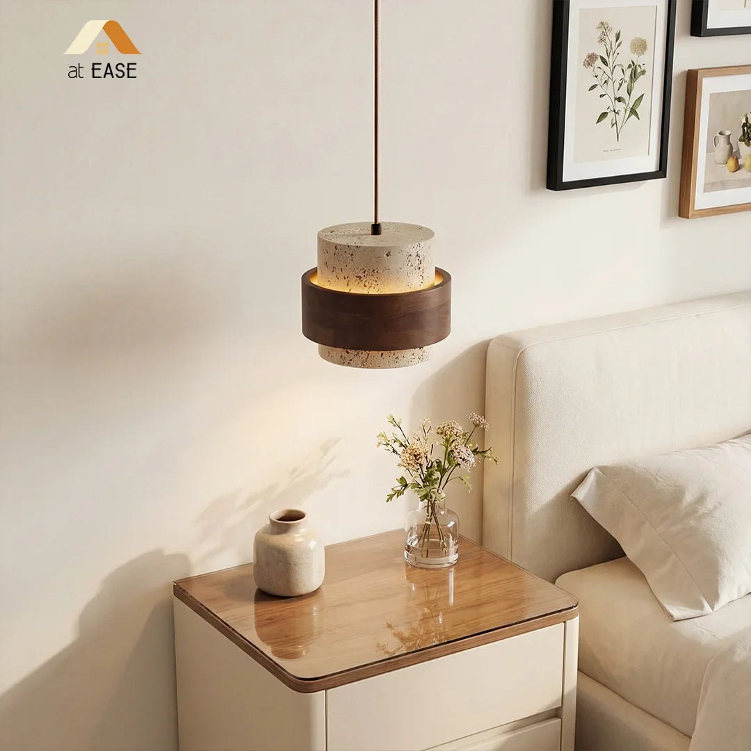 Travertijn Hanglamp Japandi Design | Minimalistische Hanglamp van Natuursteen & Hout - Sansoti