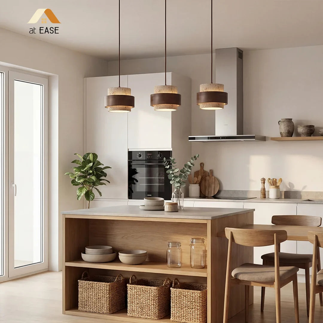 Travertijn Hanglamp Japandi Design | Minimalistische Hanglamp van Natuursteen & Hout - Sansoti