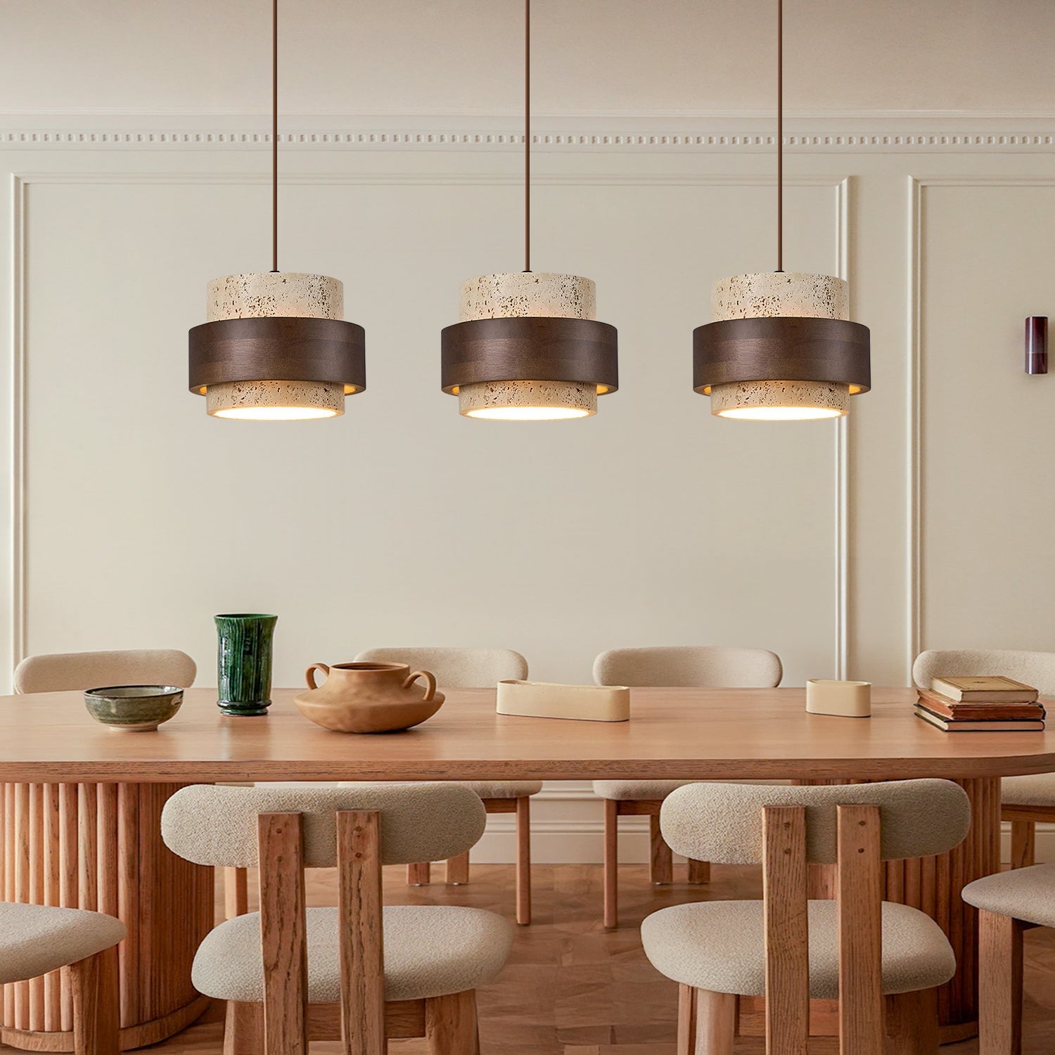Travertijn Hanglamp Japandi Design | Minimalistische Hanglamp van Natuursteen & Hout - Sansoti