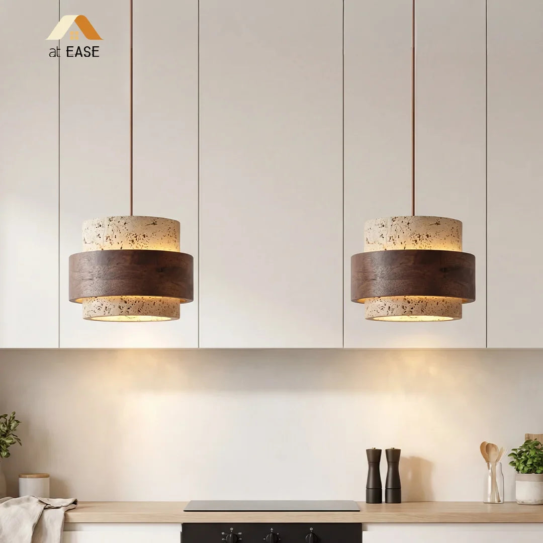 Travertijn Hanglamp Japandi Design | Minimalistische Hanglamp van Natuursteen & Hout - Sansoti