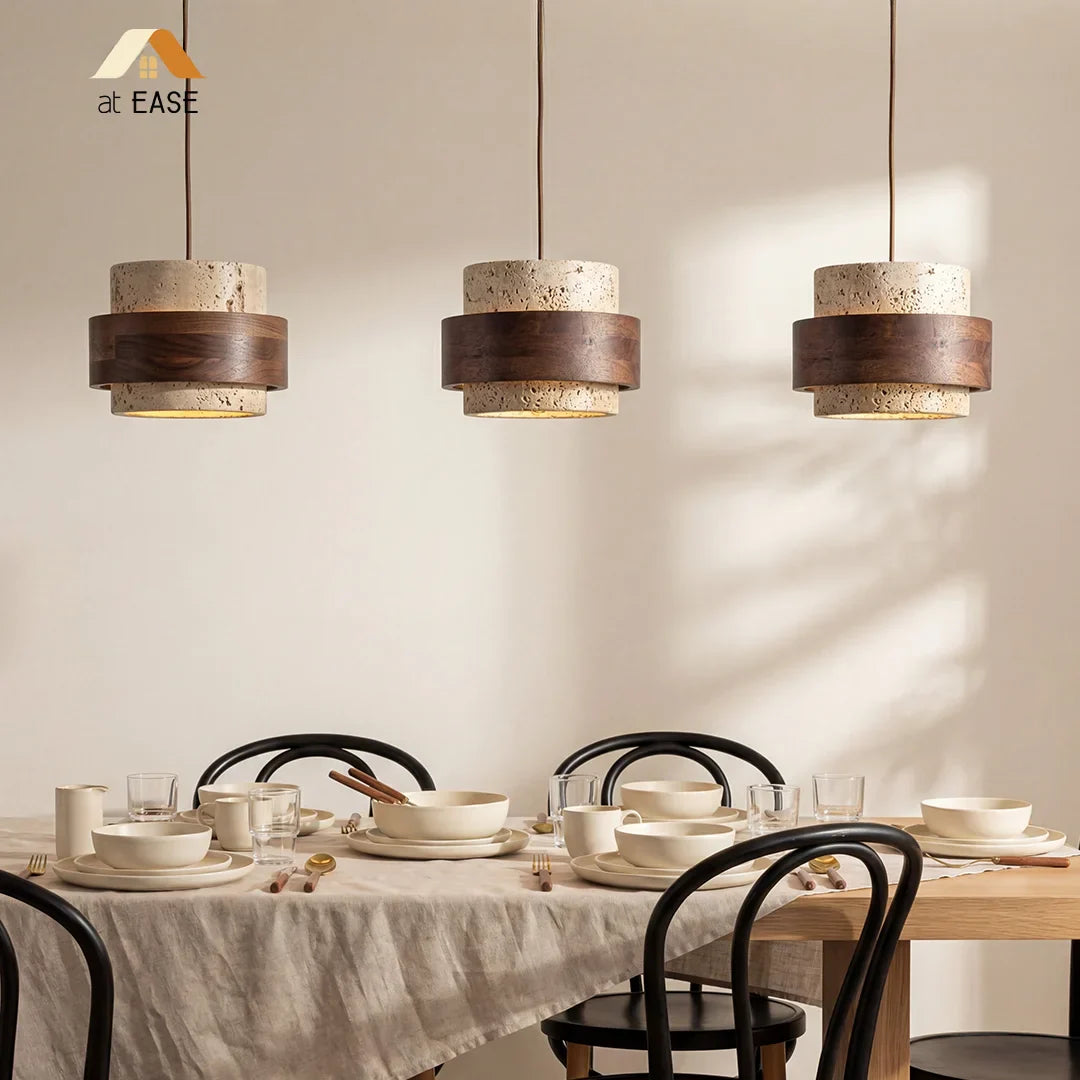 Travertijn Hanglamp Japandi Design | Minimalistische Hanglamp van Natuursteen & Hout - Sansoti