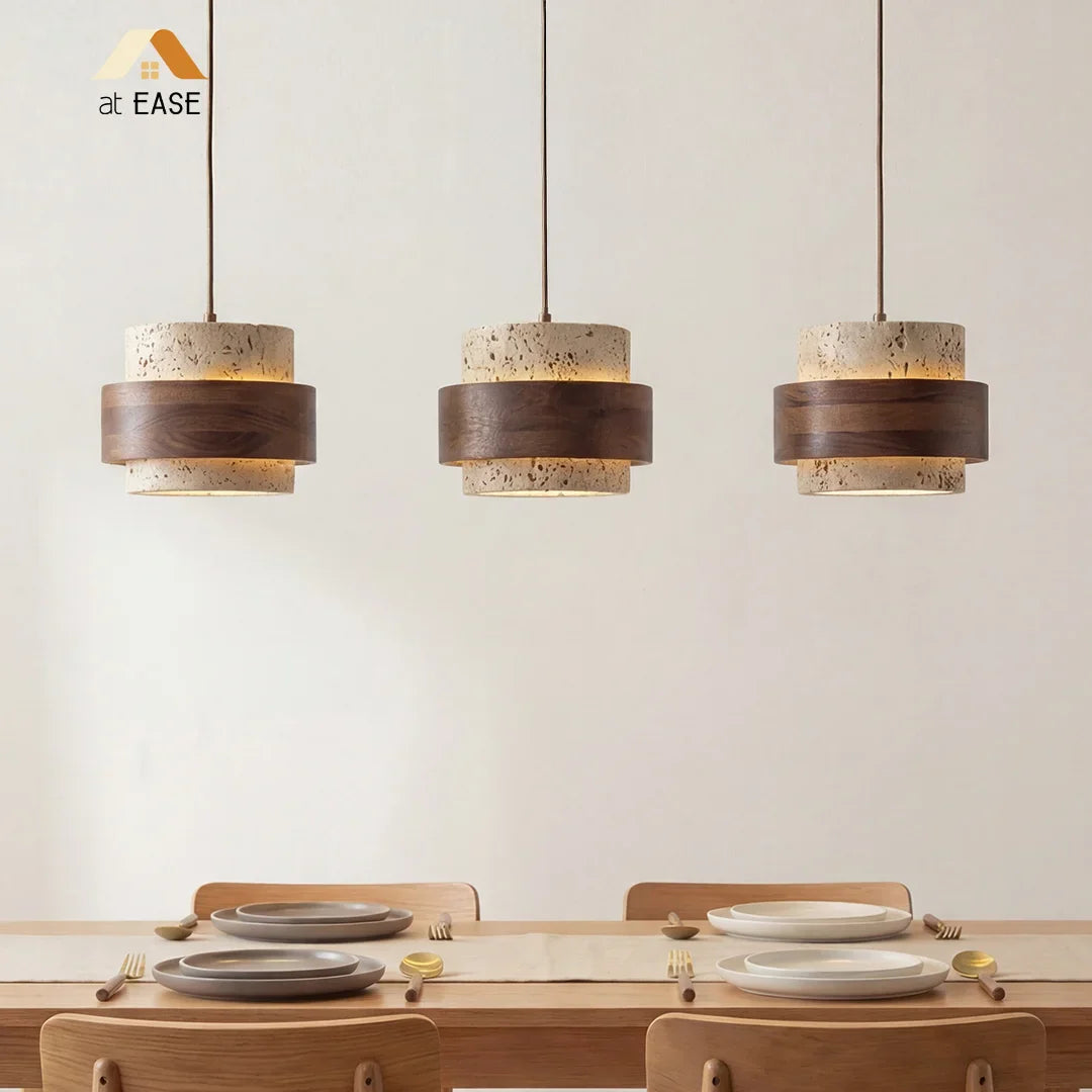 Travertijn Hanglamp Japandi Design | Minimalistische Hanglamp van Natuursteen & Hout - Sansoti