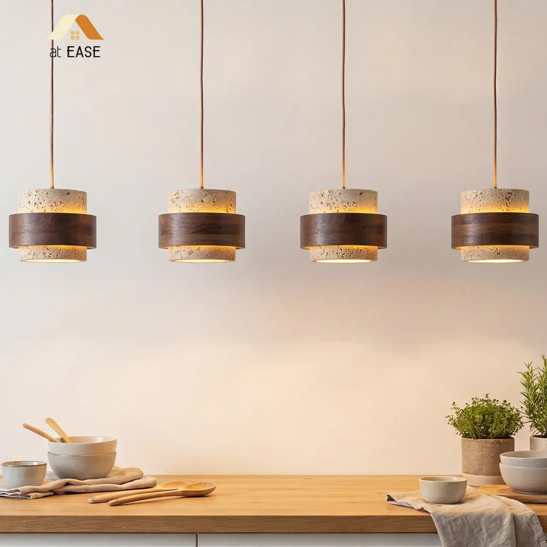 Travertijn Hanglamp Japandi Design | Minimalistische Hanglamp van Natuursteen & Hout - Sansoti
