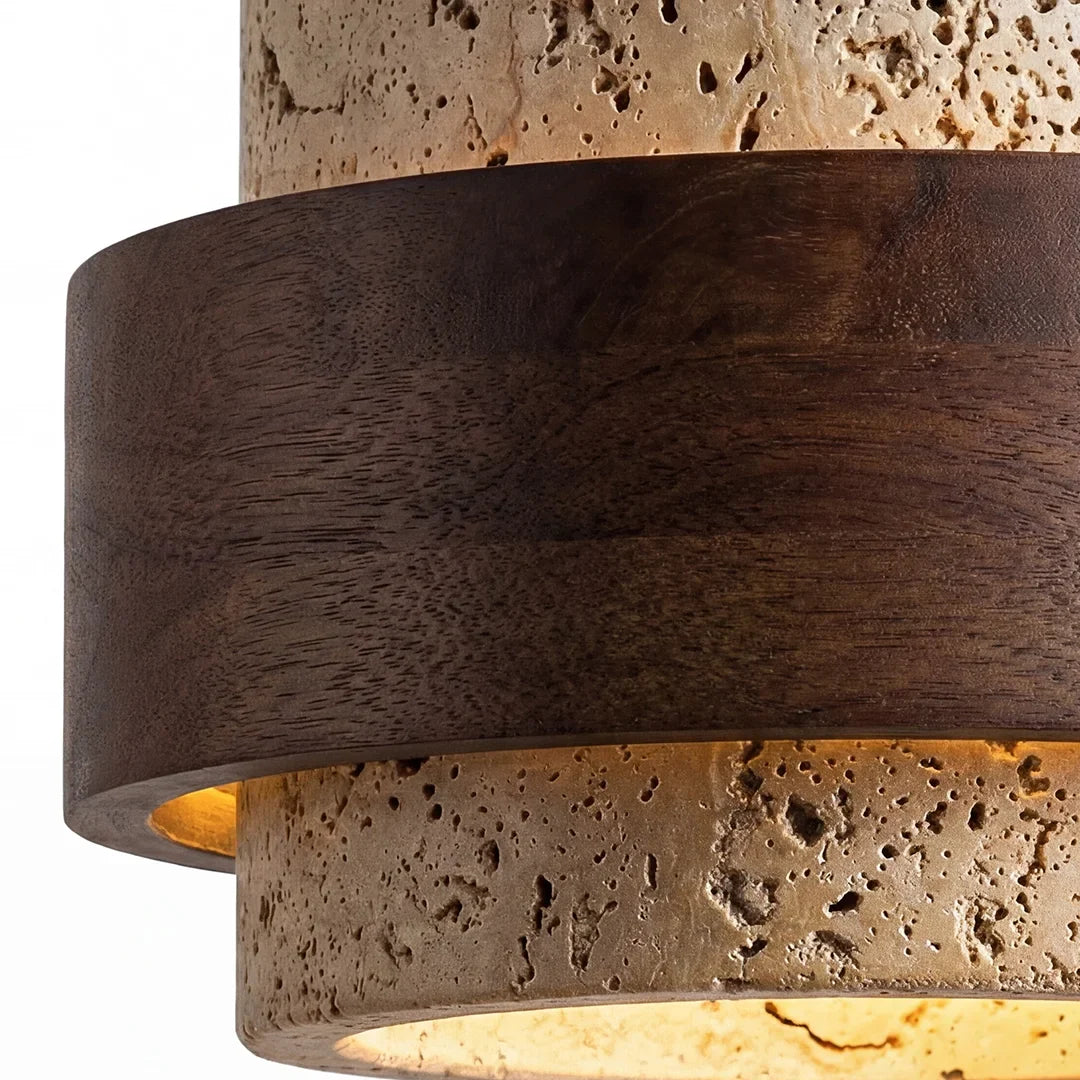 Travertijn Hanglamp Japandi Design | Minimalistische Hanglamp van Natuursteen & Hout - Sansoti