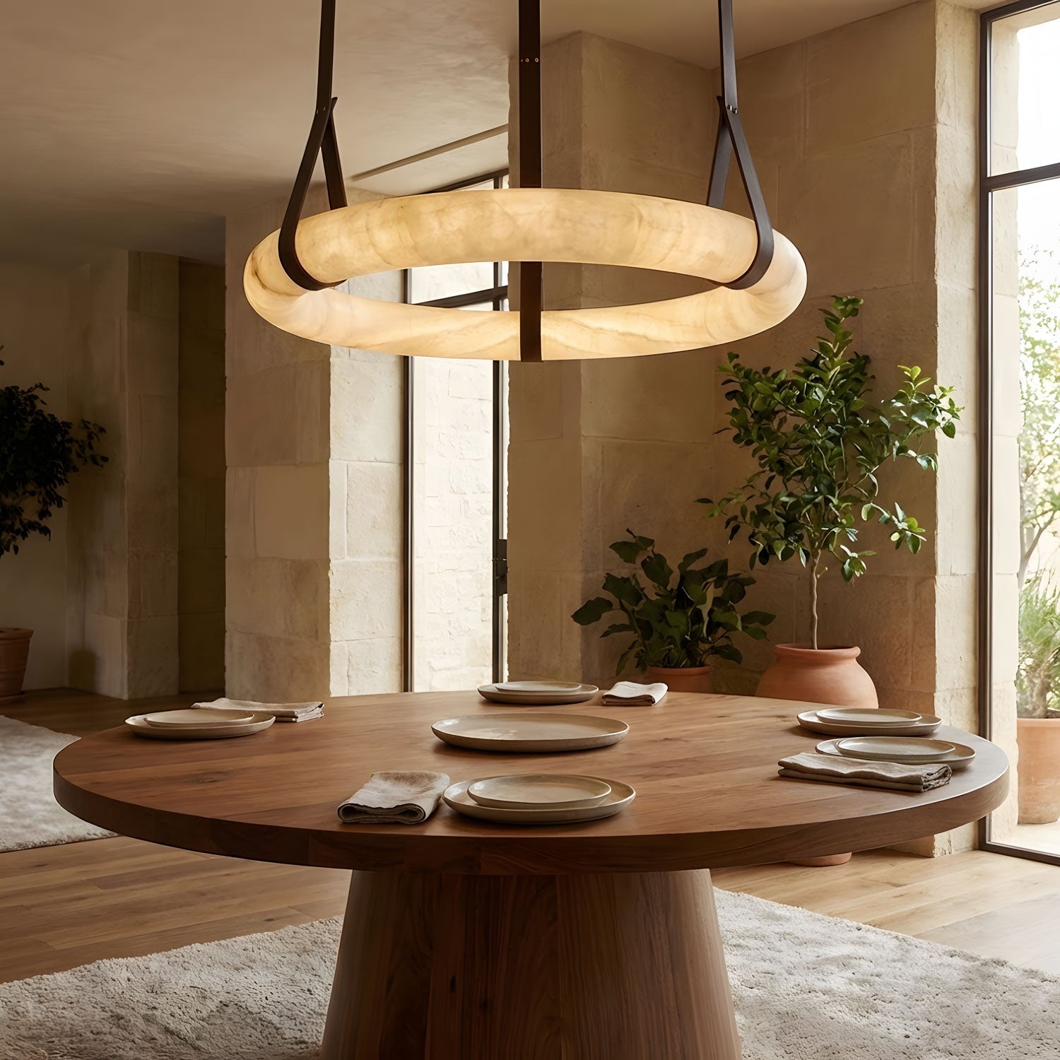 Hanglamp Alabaster Ring LED Donkerbruin Bruin Goud Woonkamer Eetkamer 3000K 4000K 6000K Ø30 Ø120cm Natuursteen Pendellamp | Sansoti