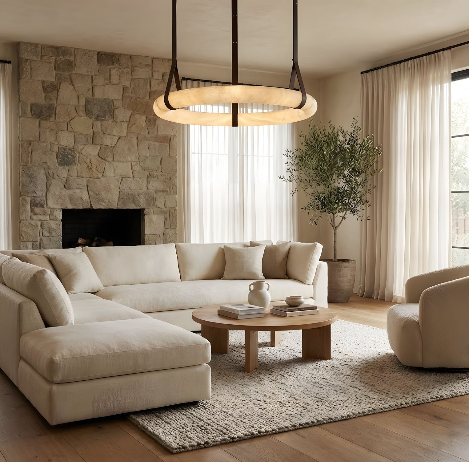 Hanglamp Alabaster Ring LED Donkerbruin Bruin Goud Woonkamer Eetkamer 3000K 4000K 6000K Ø30 Ø120cm Natuursteen Pendellamp | Sansoti