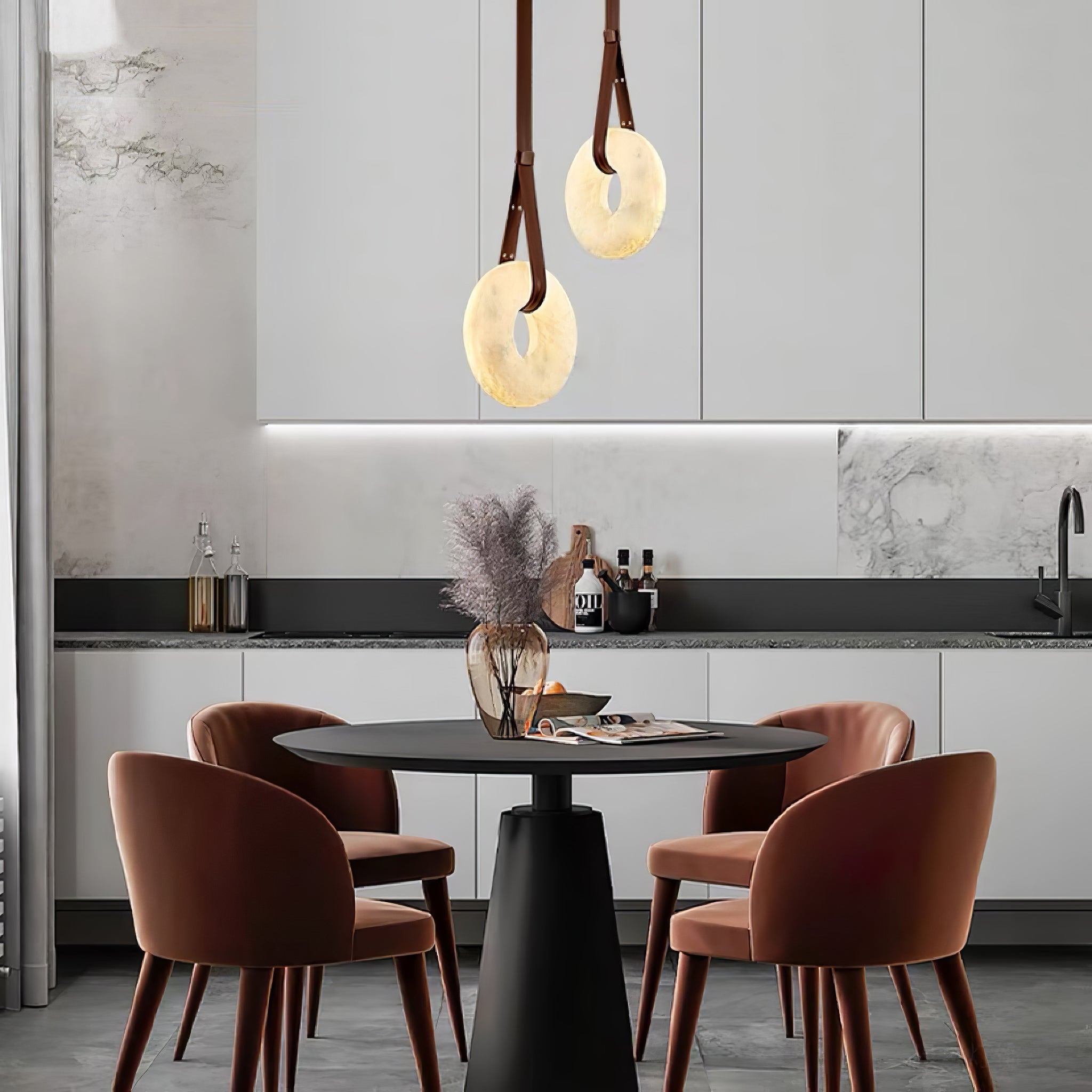 Hanglamp Alabaster Ring LED Donkerbruin Bruin Goud Woonkamer Eetkamer 3000K 4000K 6000K Ø30 Ø120cm Natuursteen Pendellamp | Sansoti