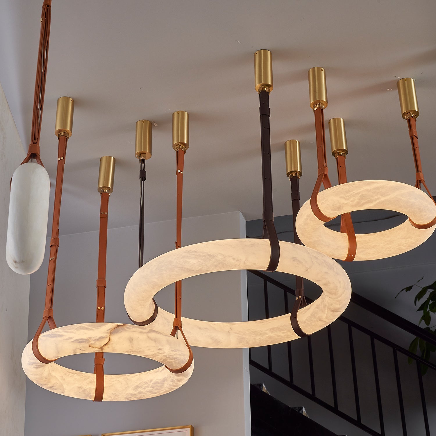 Hanglamp Alabaster Ring LED Donkerbruin Bruin Goud Woonkamer Eetkamer 3000K 4000K 6000K Ø30 Ø120cm Natuursteen Pendellamp | Sansoti