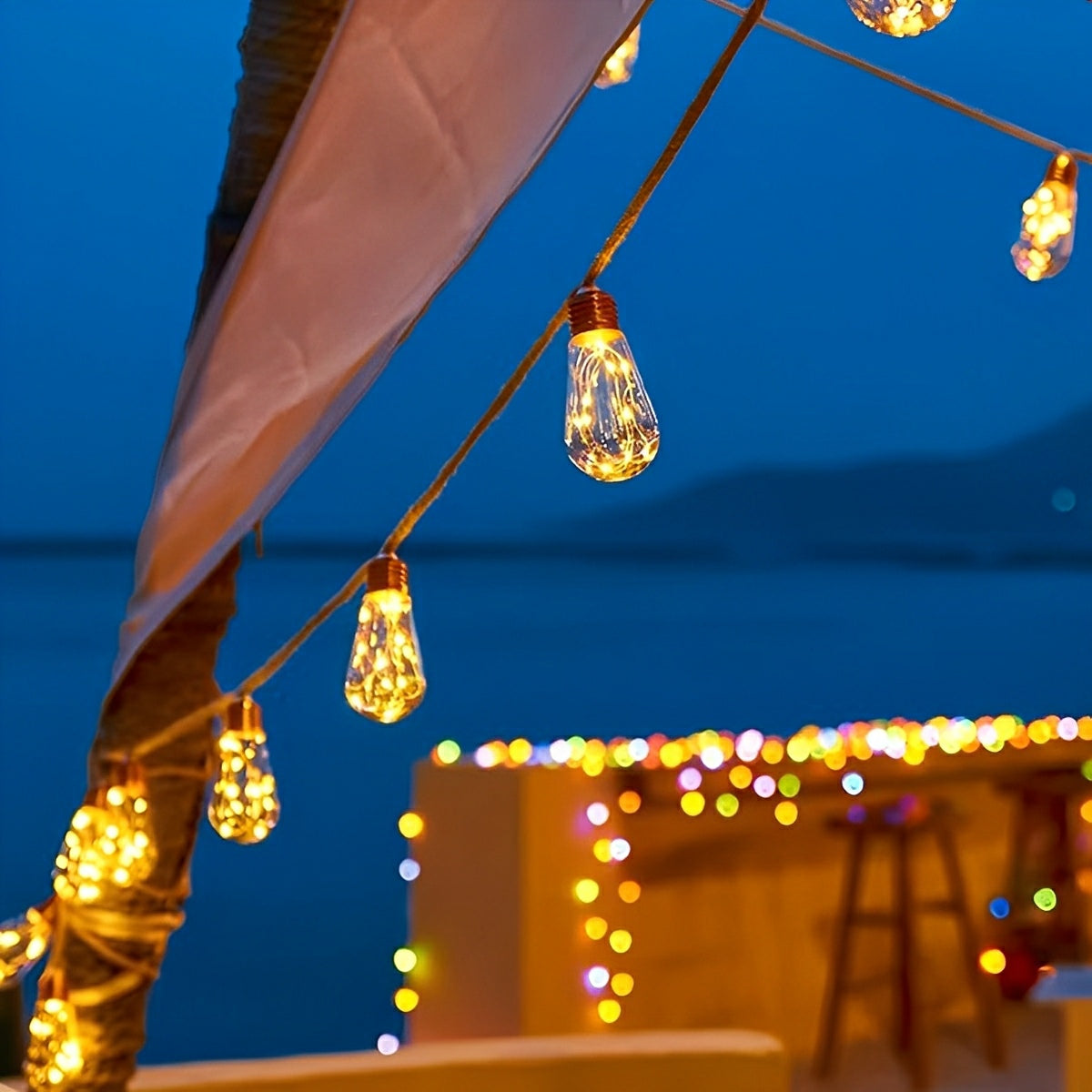 Zonne-energie Lichtsnoer Tuin 33ft LED Warm Wit Henneptouw Decoratief Buiten Terras Sfeerverlichting Waterdicht | Sansoti