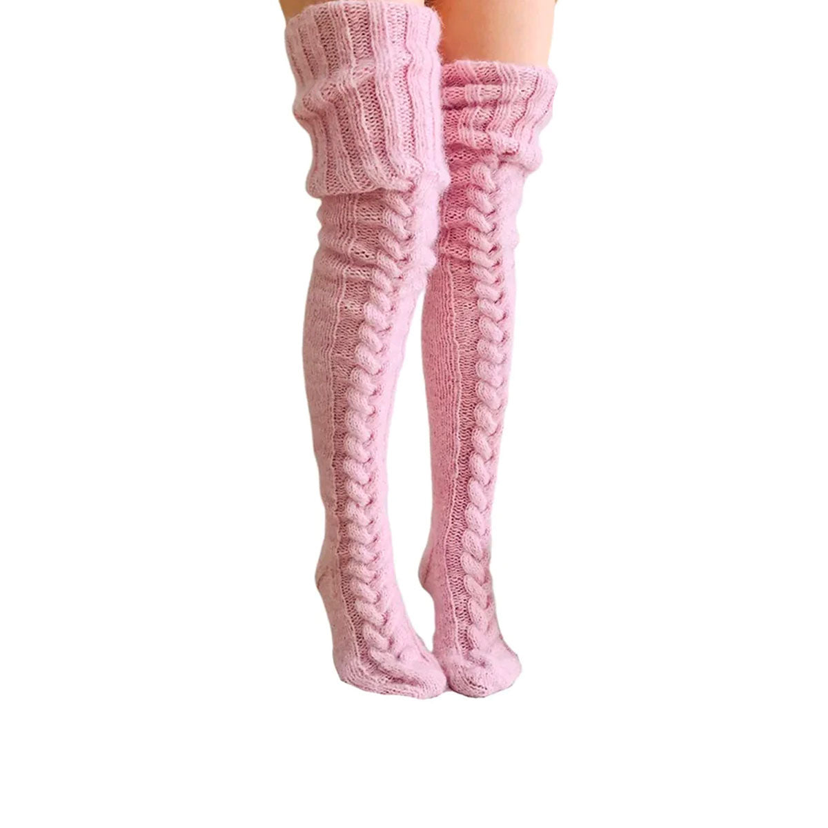 Damen-Overknee-Strümpfe, gestrickt, mit Zopfmuster, elastischem Polyester, warmes Winteraccessoire, lange Socken | Sansoti
