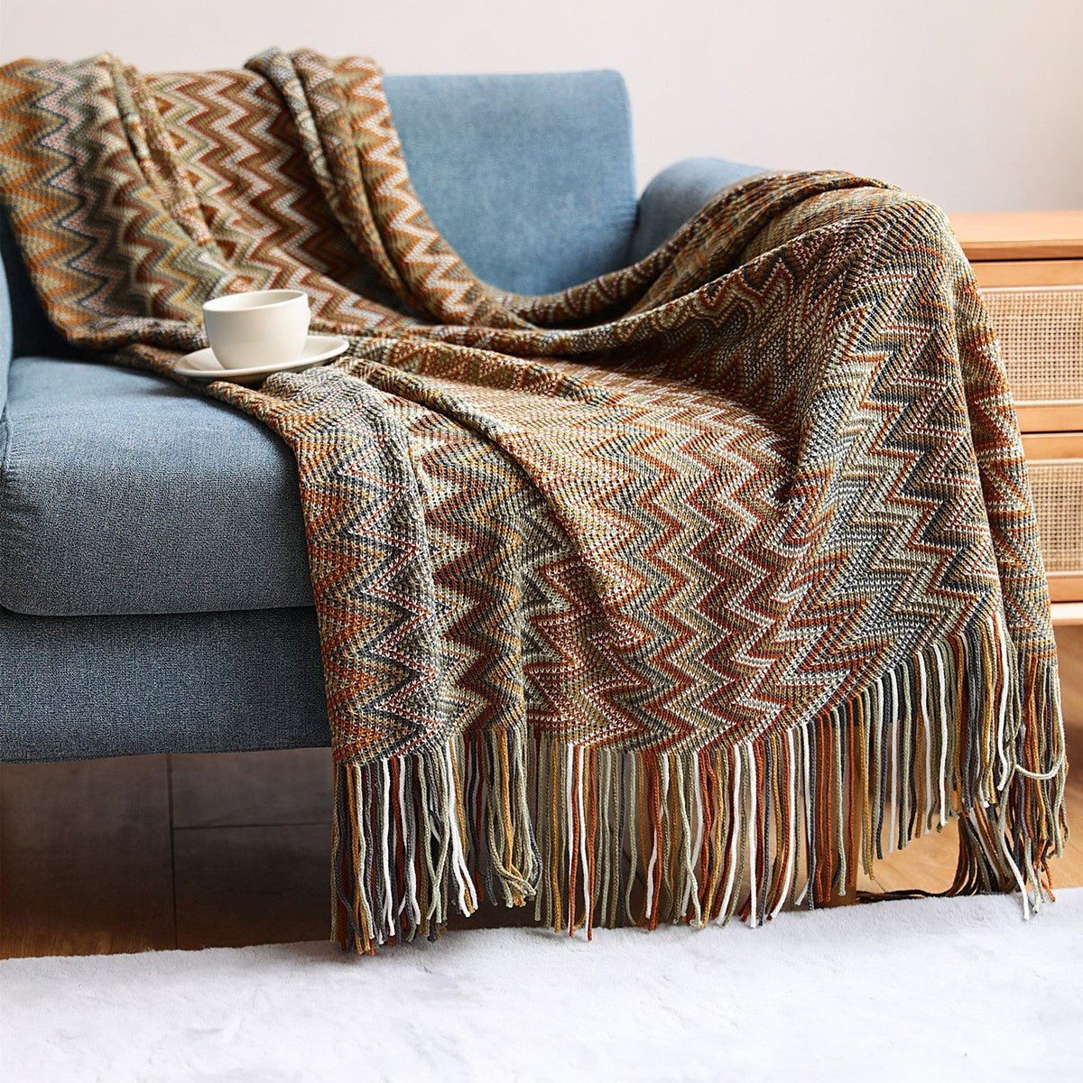 Plaid tricoté à la main, motif chevron, design géométrique, décoration pour le salon et la chambre, textile tricoté | Sansoti