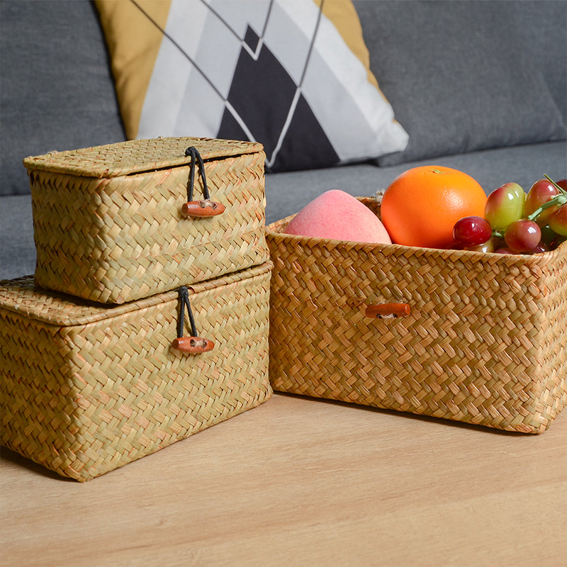 Gevlochten Opbergmand met Deksel Natuurlijk Riet Rechthoekig Beige Organizer Huishouden Opslag Woonkamer | Sansoti