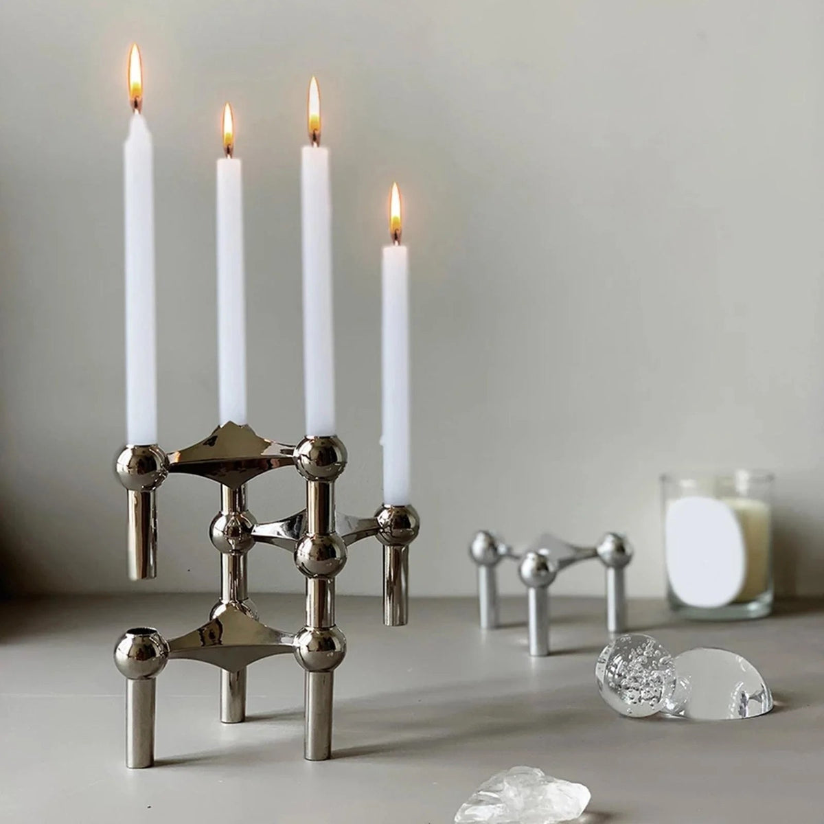 Kerzenhalter-Set, 3-teilig, Molekül-Design, Edelstahl, modernes skulpturales Tischornament, Wohnzimmerdekoration | Sansoti