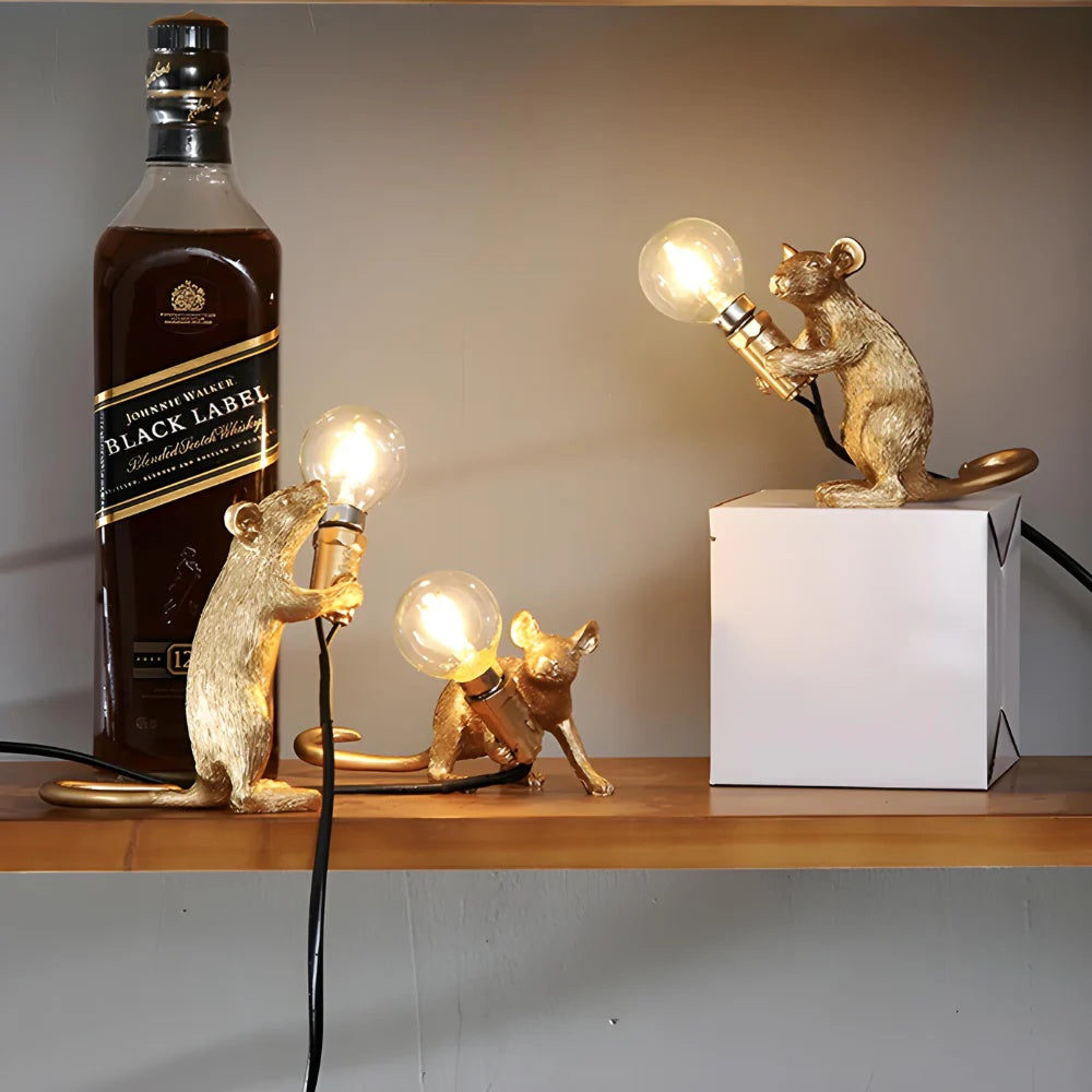 Design Maus Tischleuchte | Dekorative Tischlampe aus Harz mit Leuchtmittel – Gold oder Weiß
