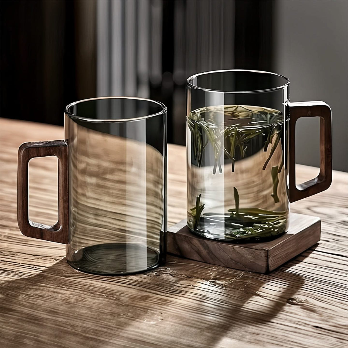 Smoke Gray Glass Coffee Mug with Wooden Handle 400ml Set of 2 for Tea Cappuccino Latte Espresso Coffee | Sansoti