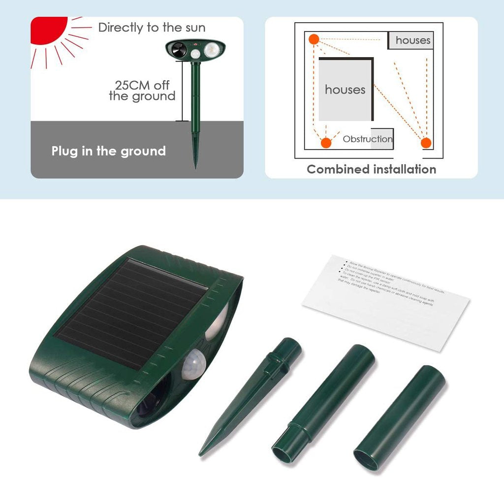 Ultraschall-Tiervertreiber mit Solarenergie und blinkendem LED-Licht, wasserdicht, für Garten und Rasen, Reichweite 225m² | Sansoti