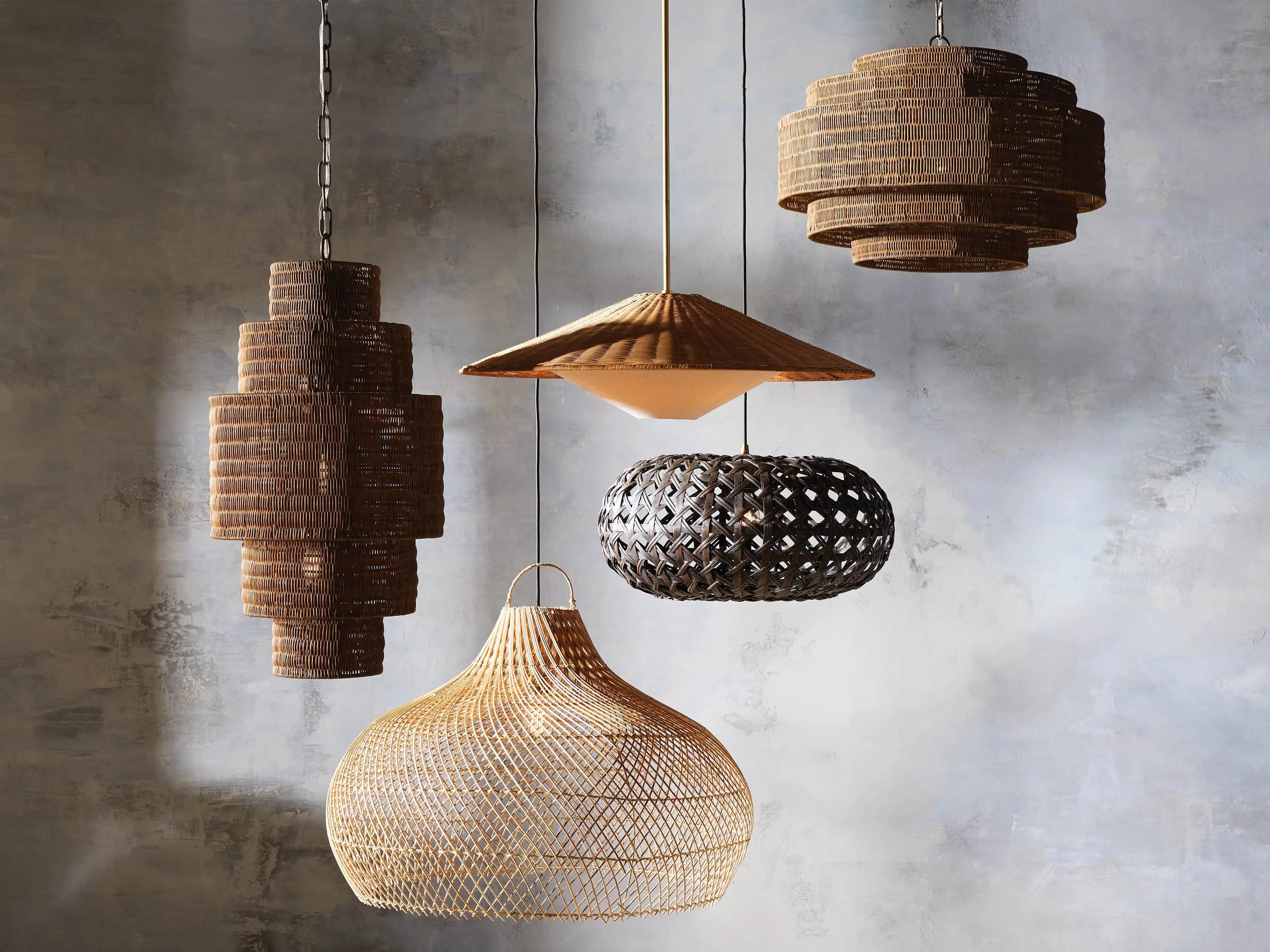Lustre en rotin tressé, structure en fer à plusieurs niveaux, hauteur réglable, suspension pour éclairage de salle à manger et de salon | Sansoti