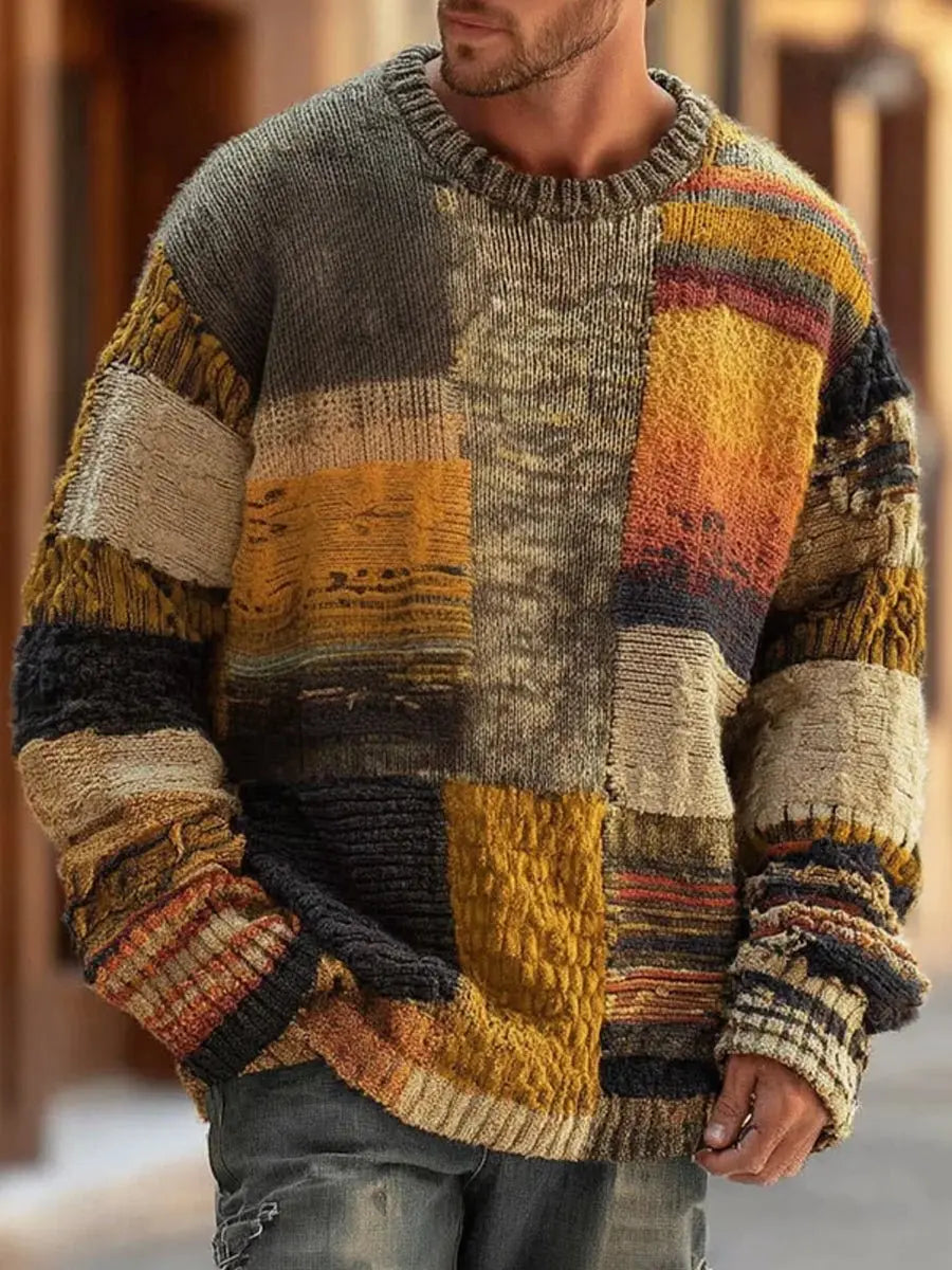 Knitted Men's Sweater with Color Blocks - Relaxed Oversized Fit - Crew Neck - Scandinavian Style | Sansoti