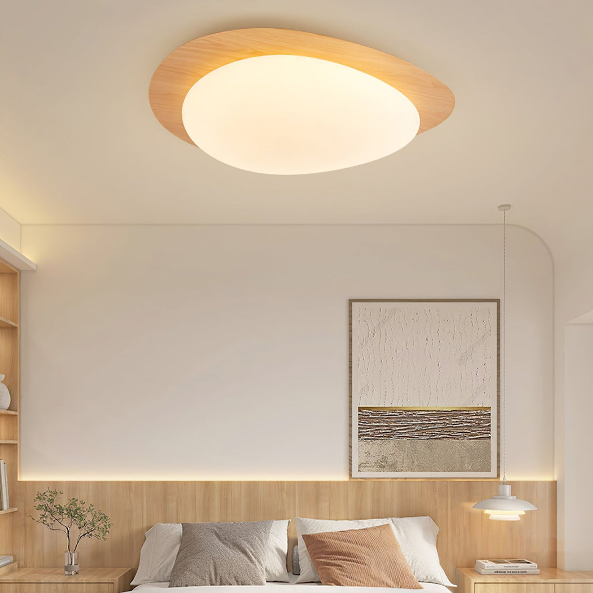 Plafonnier au design organique en forme de galet, finition bois, LED en acrylique, lumière chaude, éclairage pour salon et salle à manger | Sansoti